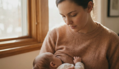 thoughtful mother holding infant breastfeeding concerns