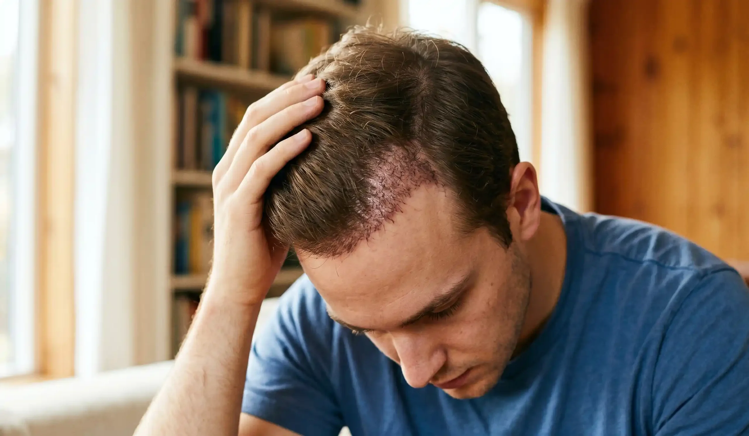 man examining scalp after hair transplant