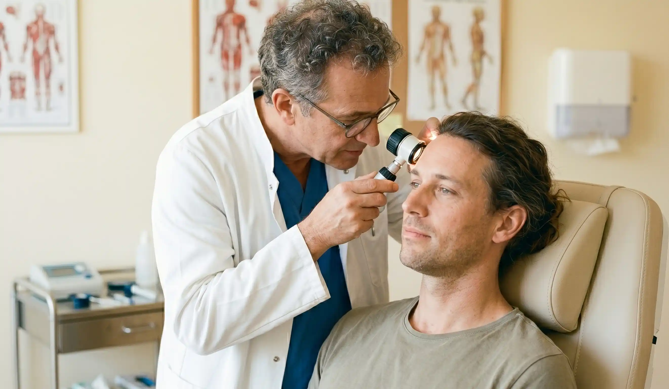 doctor examining scalp with trichoscope