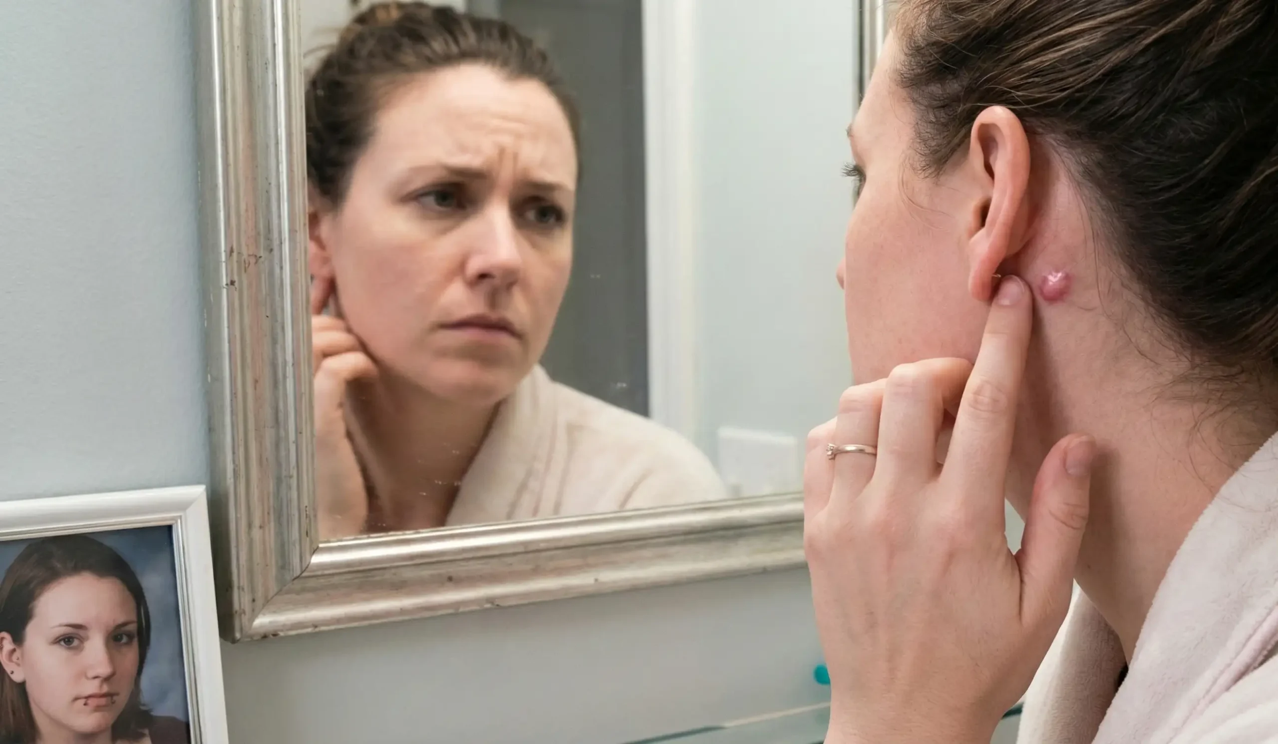 woman examining keloid scar mirror