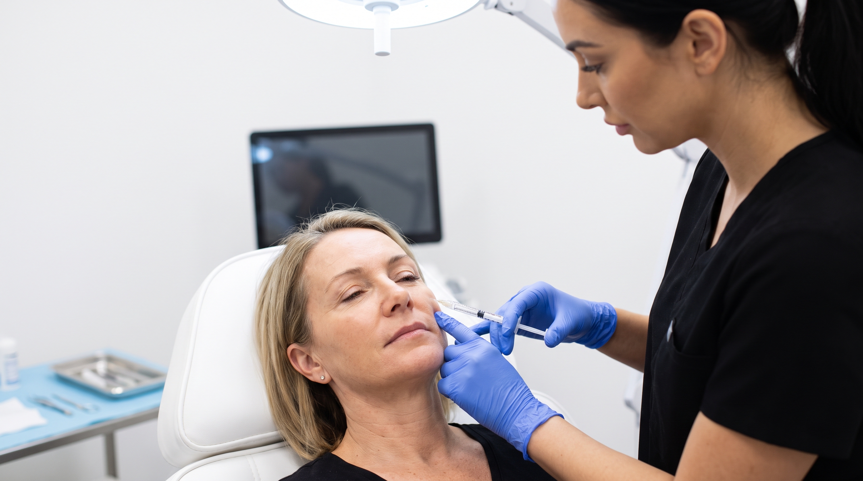 Administering biostimulatory dermal fillers to a patient's face for deep tissue support and collagen stimulation.