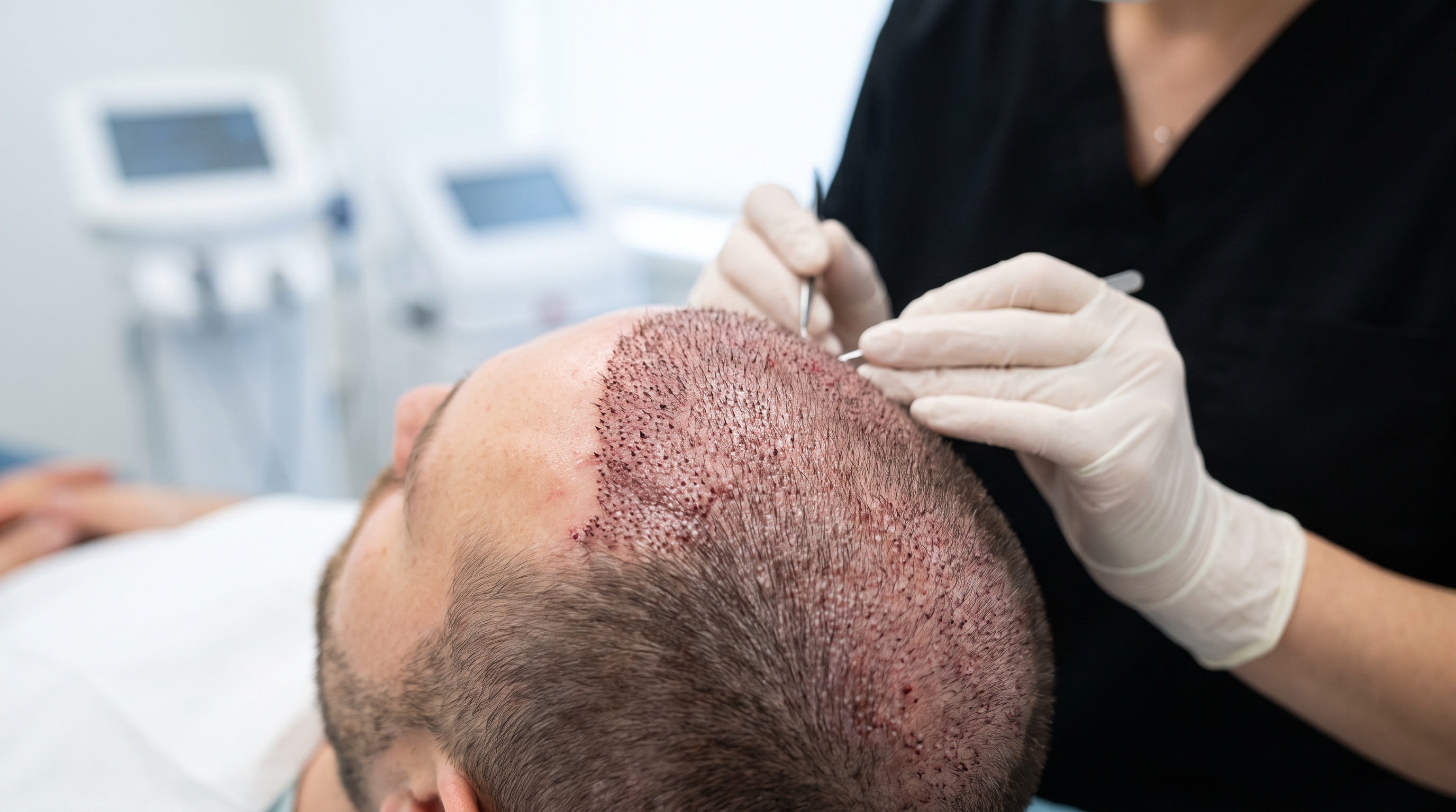 A patient's scalp after a hair transplant, demonstrating the critical need for healthy blood supply to new grafts.