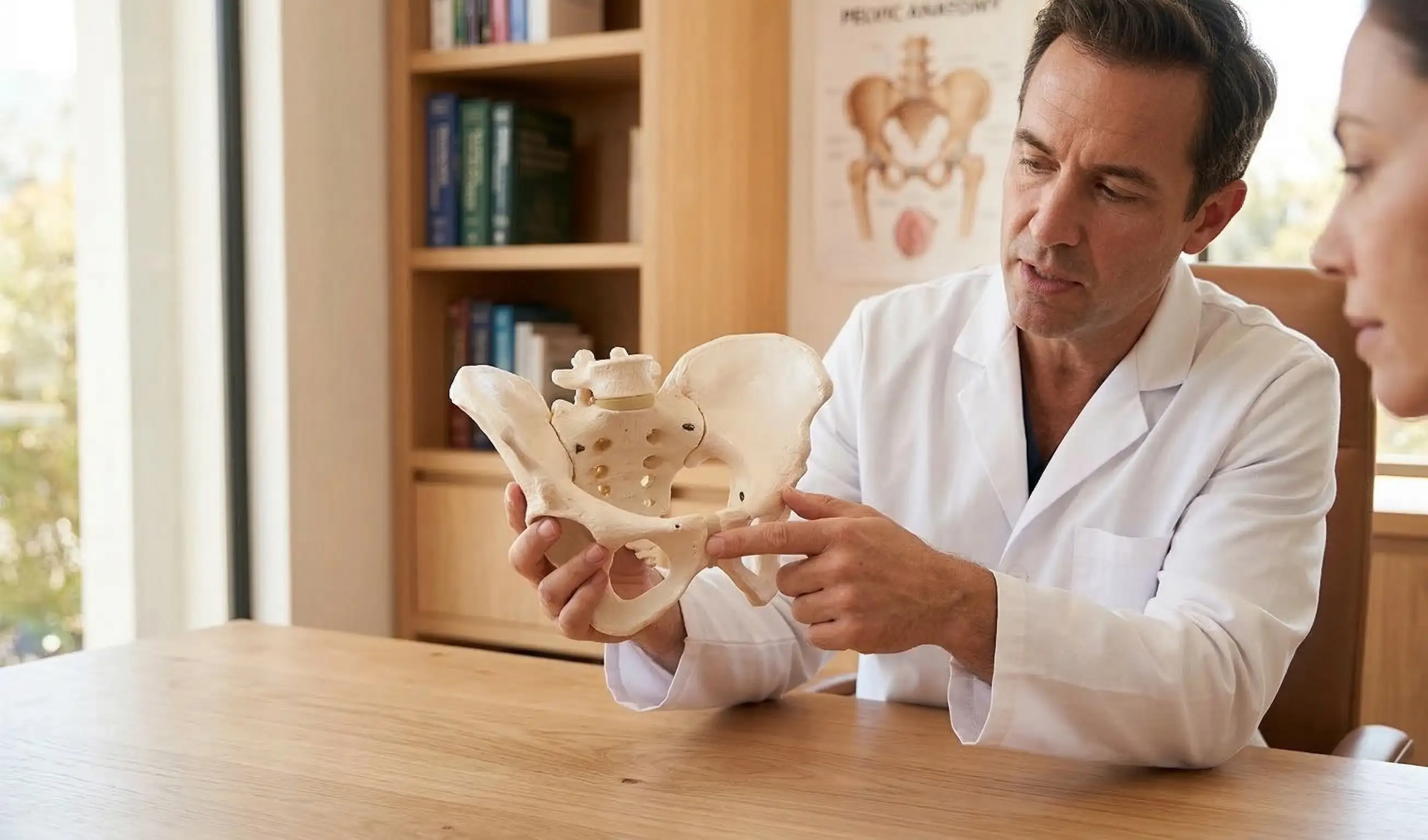 surgeon pointing to pelvis model discussing surgery