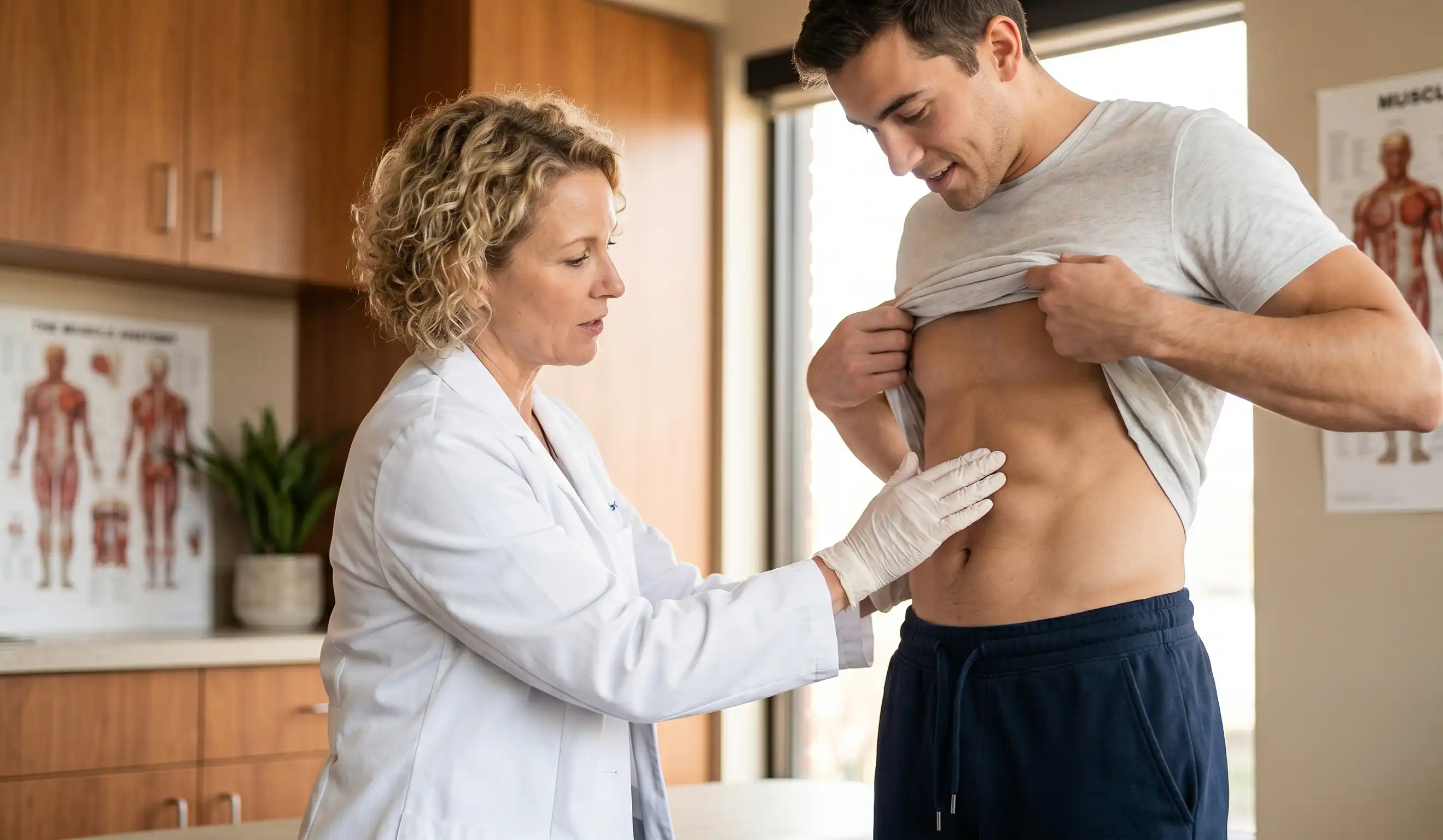 female doctor examining male patients abdomen