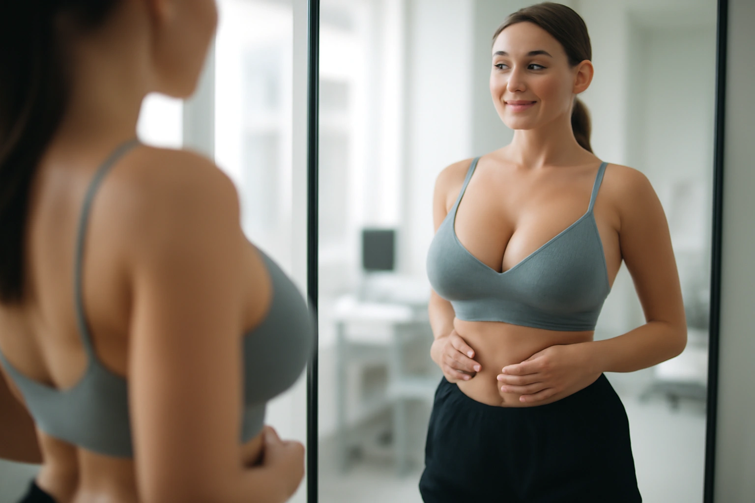 patient looking at her breast implants cover