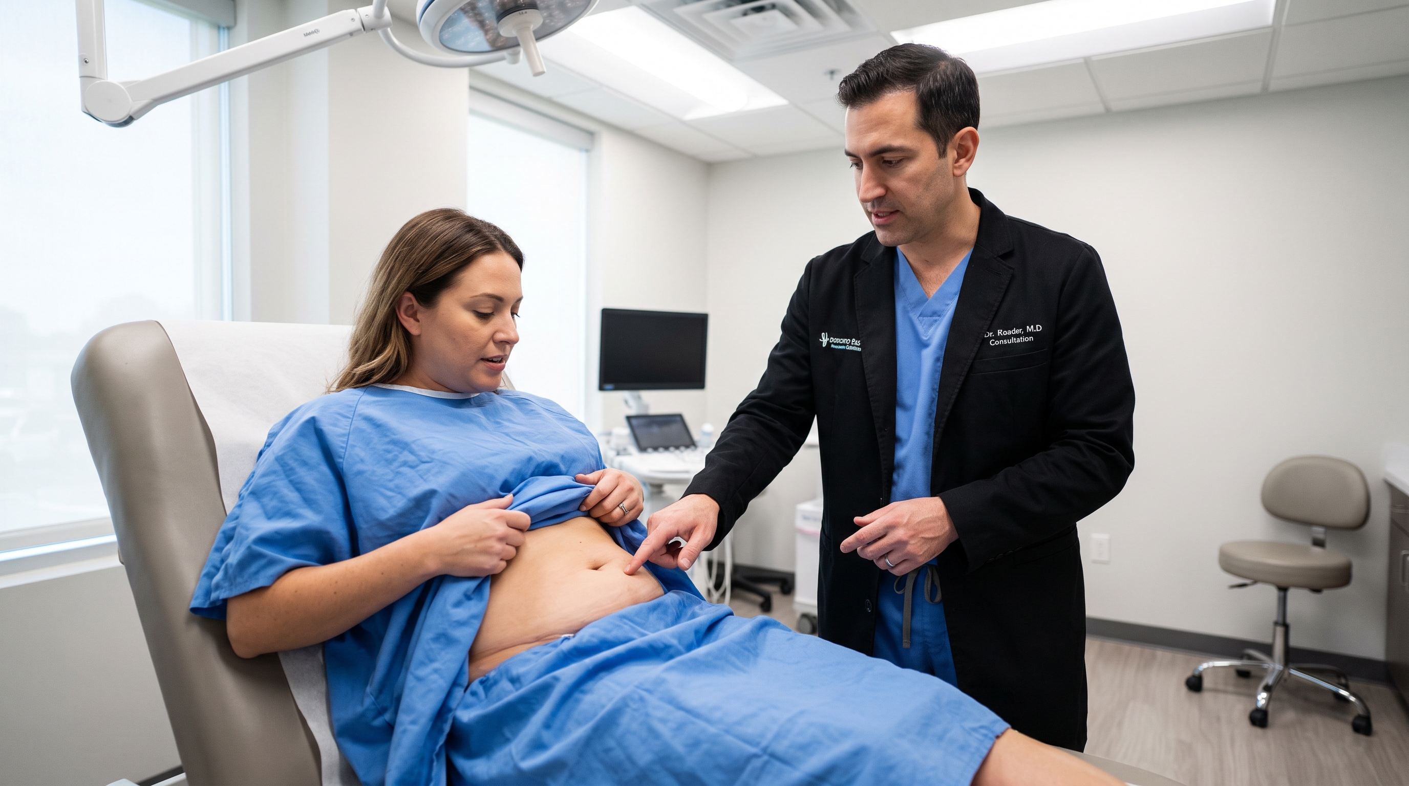 Patient gently mobilizing after tummy tuck surgery to ensure a safe and effective recovery.