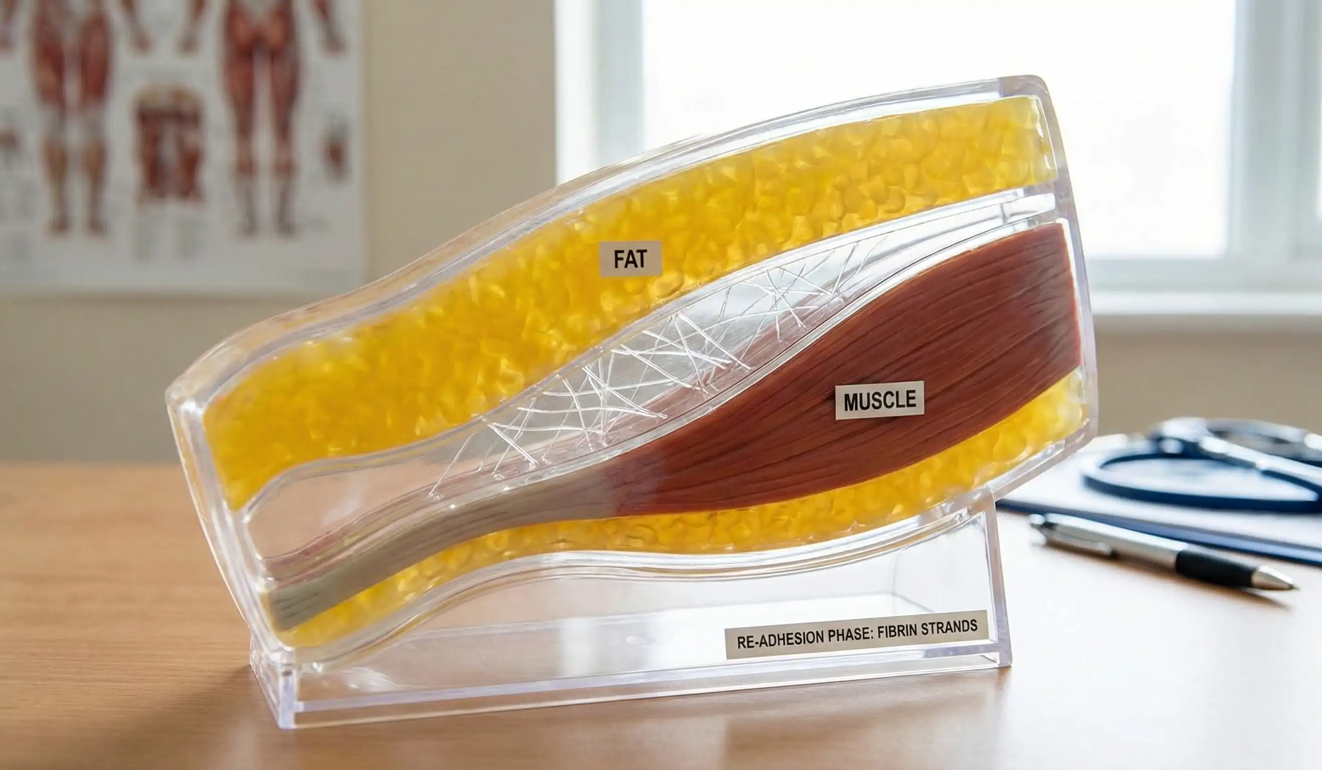 model anatomic arătând faza de aderență fibrinică