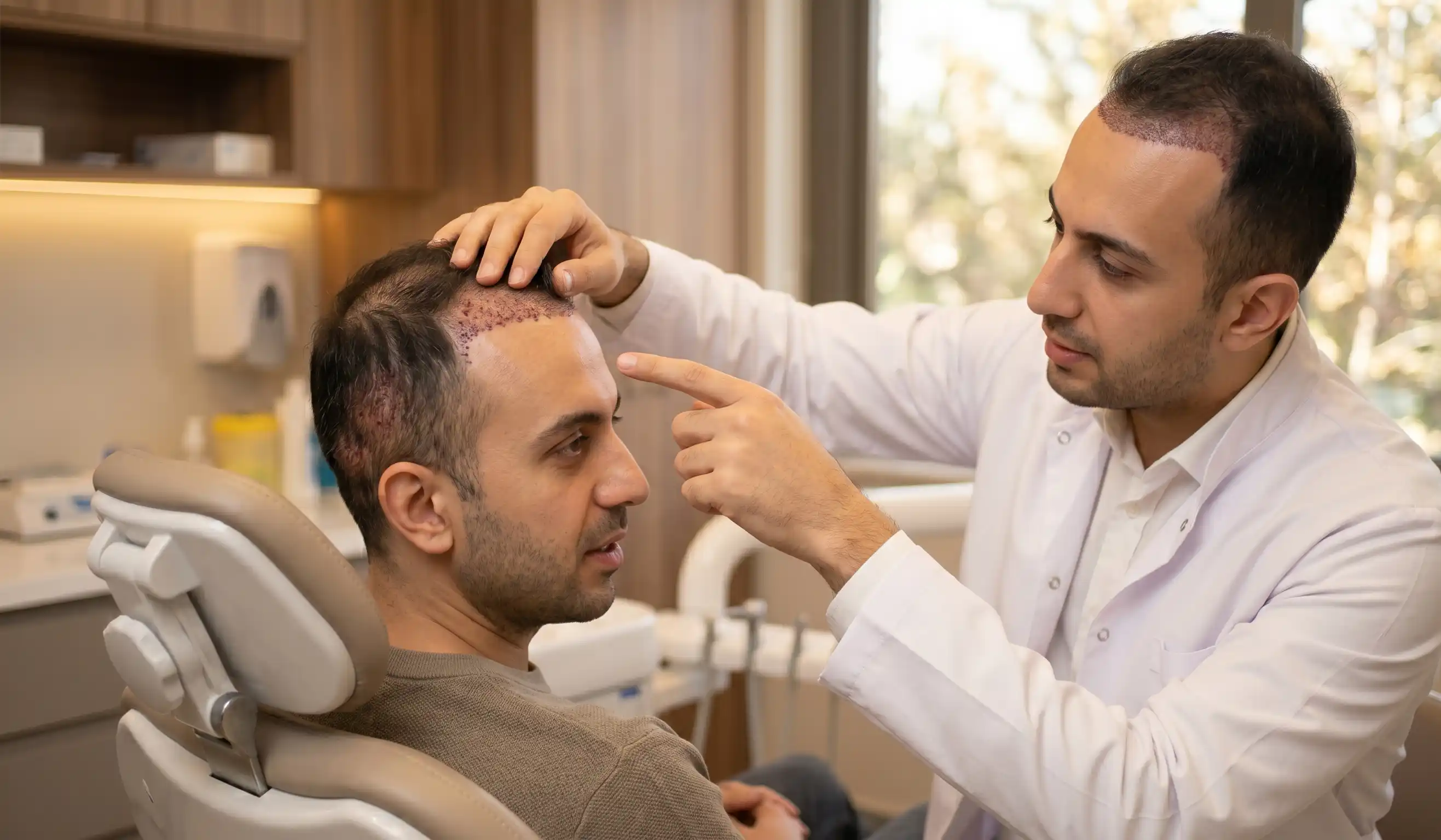 doctor checking and pointing to hair transplant scalp