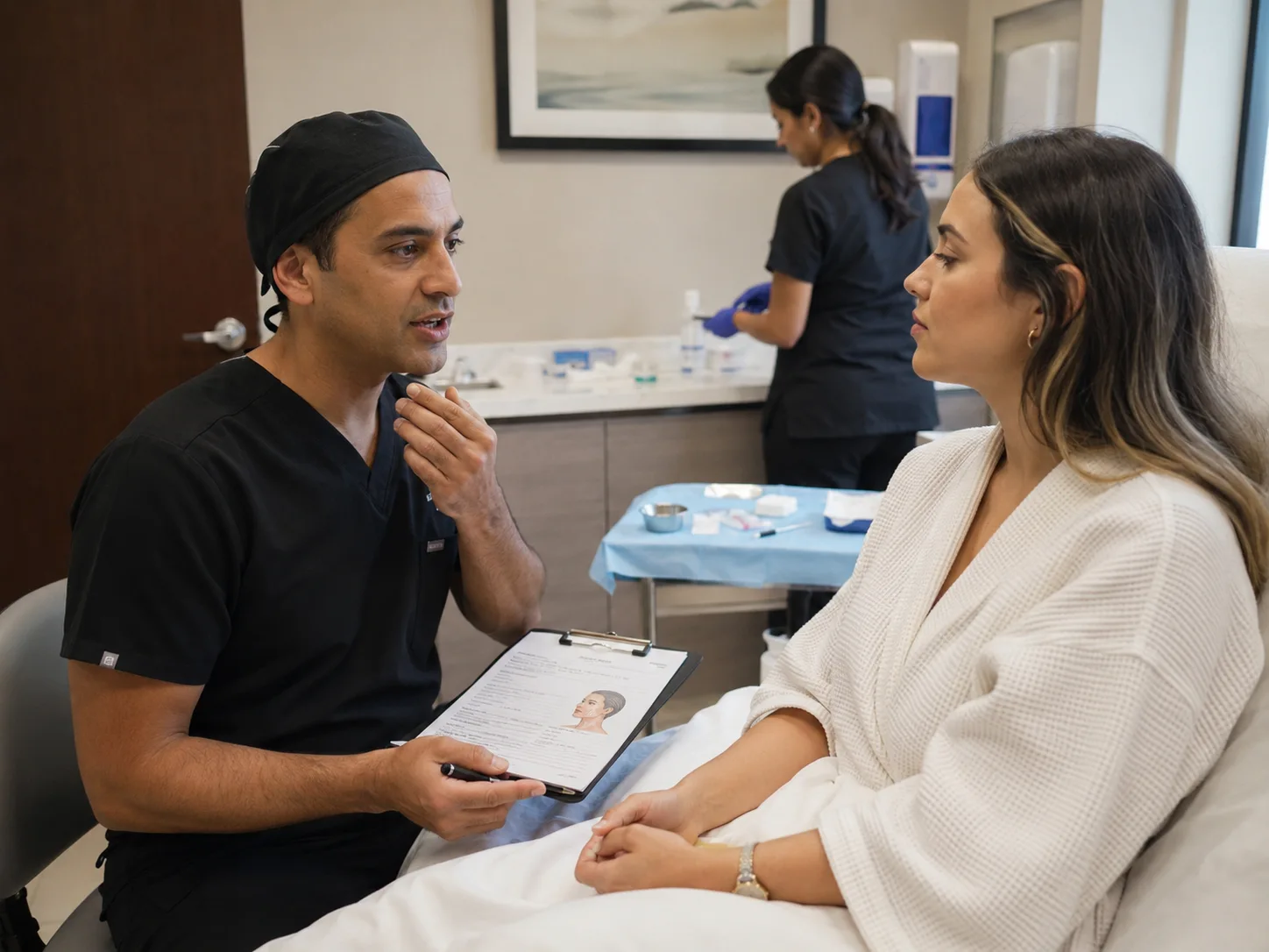 chin liposuction treatment discussion with surgeon