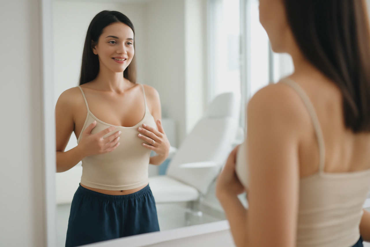 patient admiring her breast implants