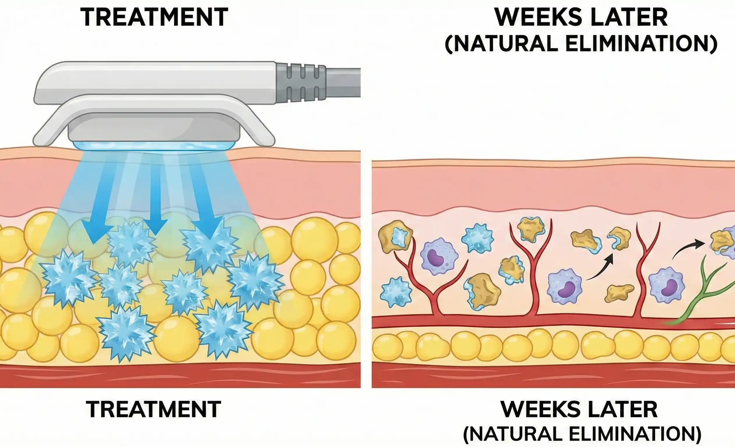 medical illustration diagram of cryolipolysis fat freezing mechanism and elimination