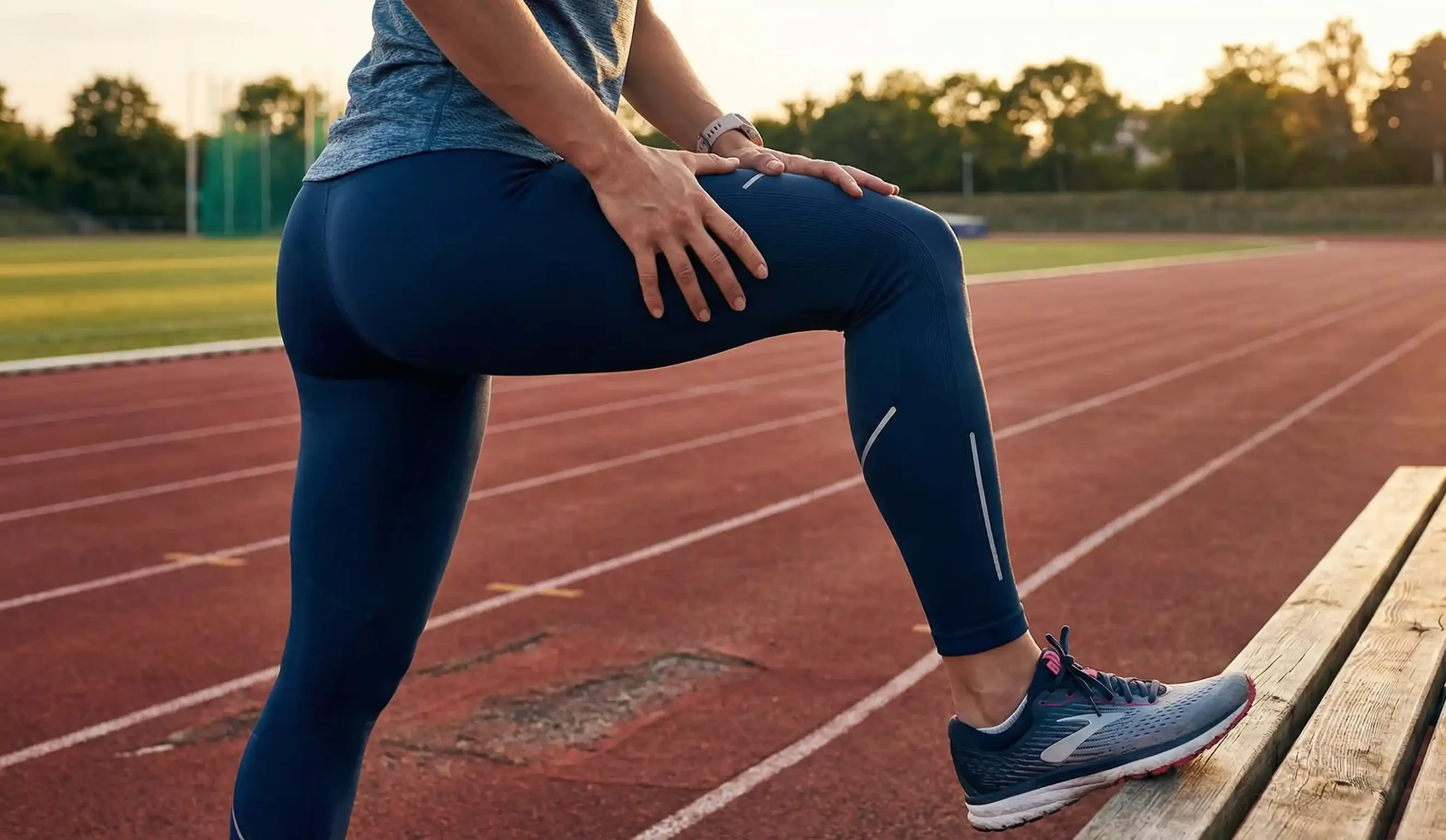 female runner pausing on track post op recovery