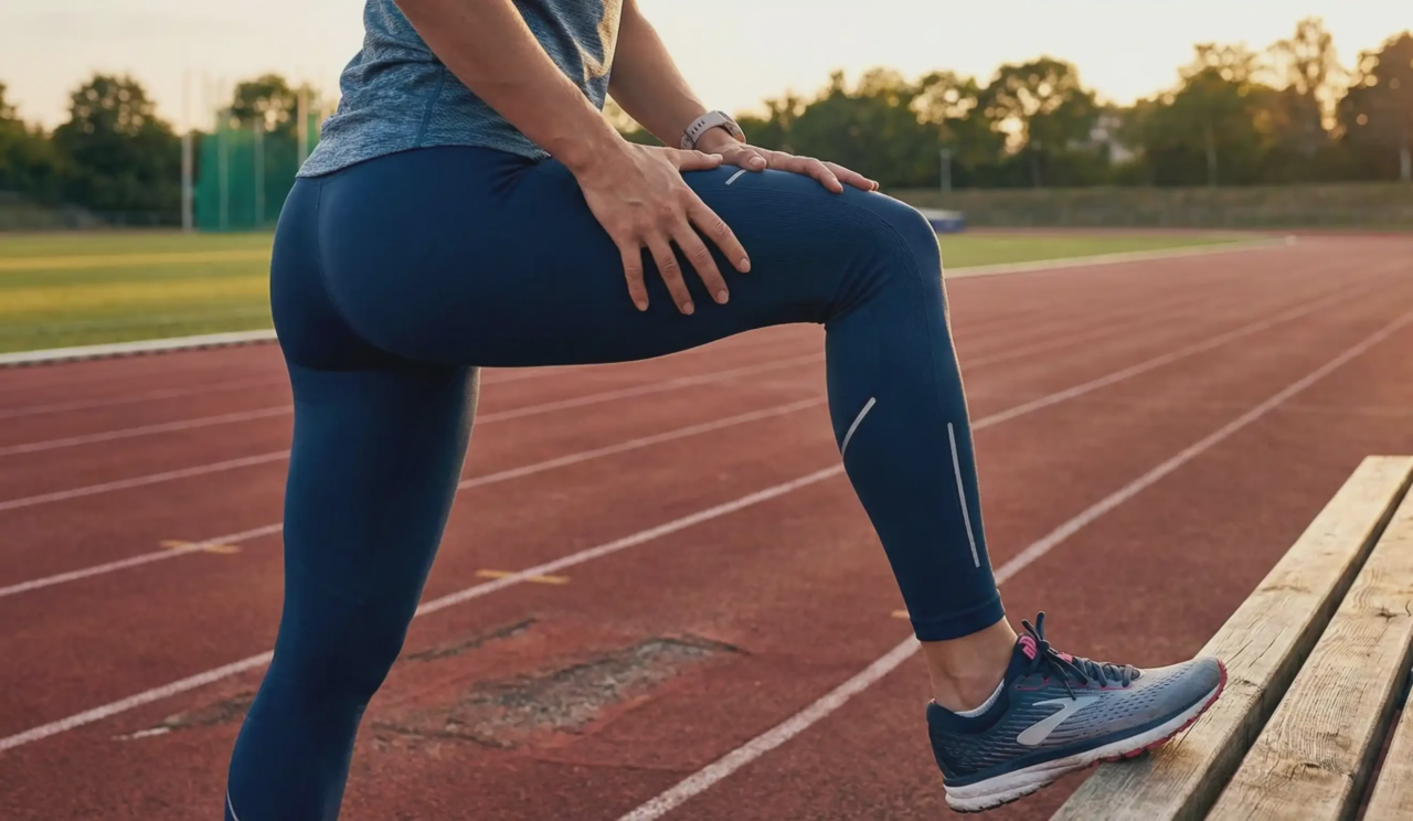 female runner pausing on track post op recovery