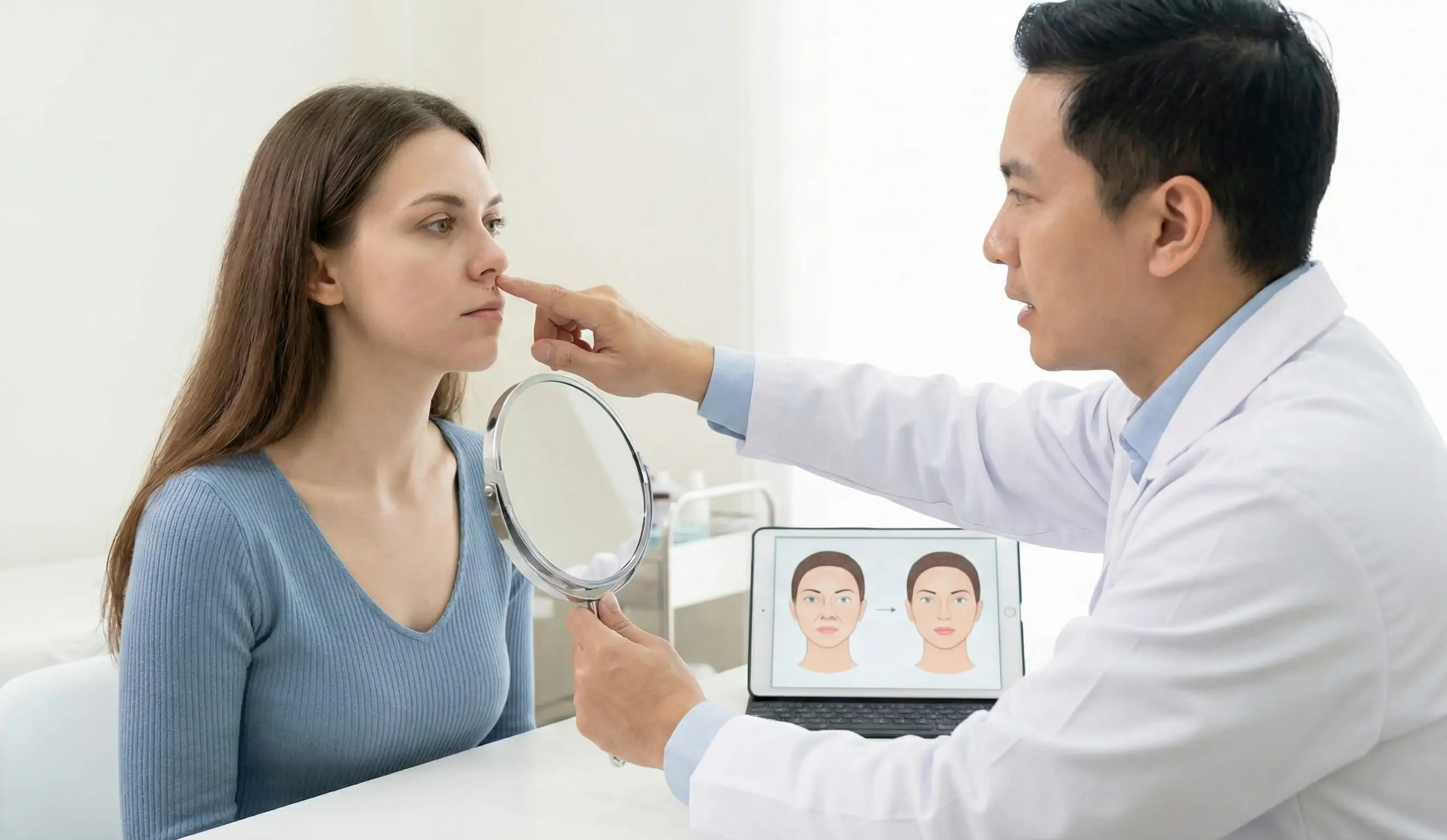 Doktor hastayla subnasal lip lift prosedürü hakkında görüşüyor