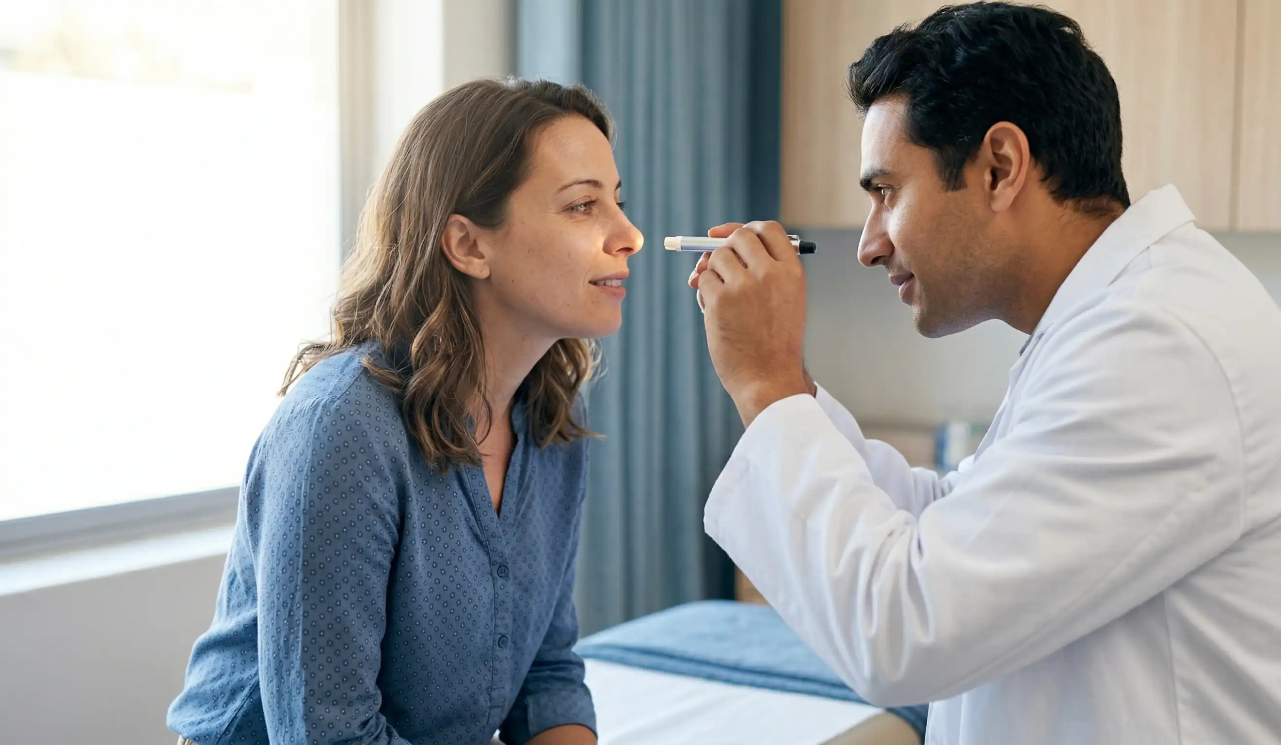 clinical image doctor patient nose exam post op