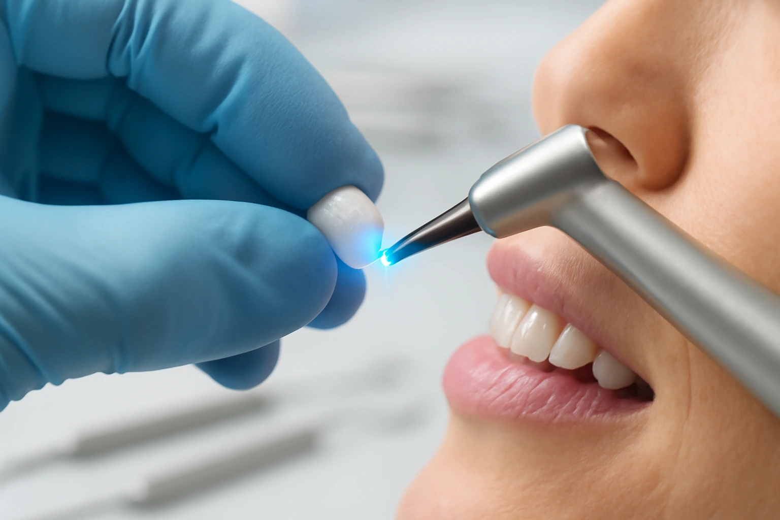dentist using a tool to bond a dental veneer