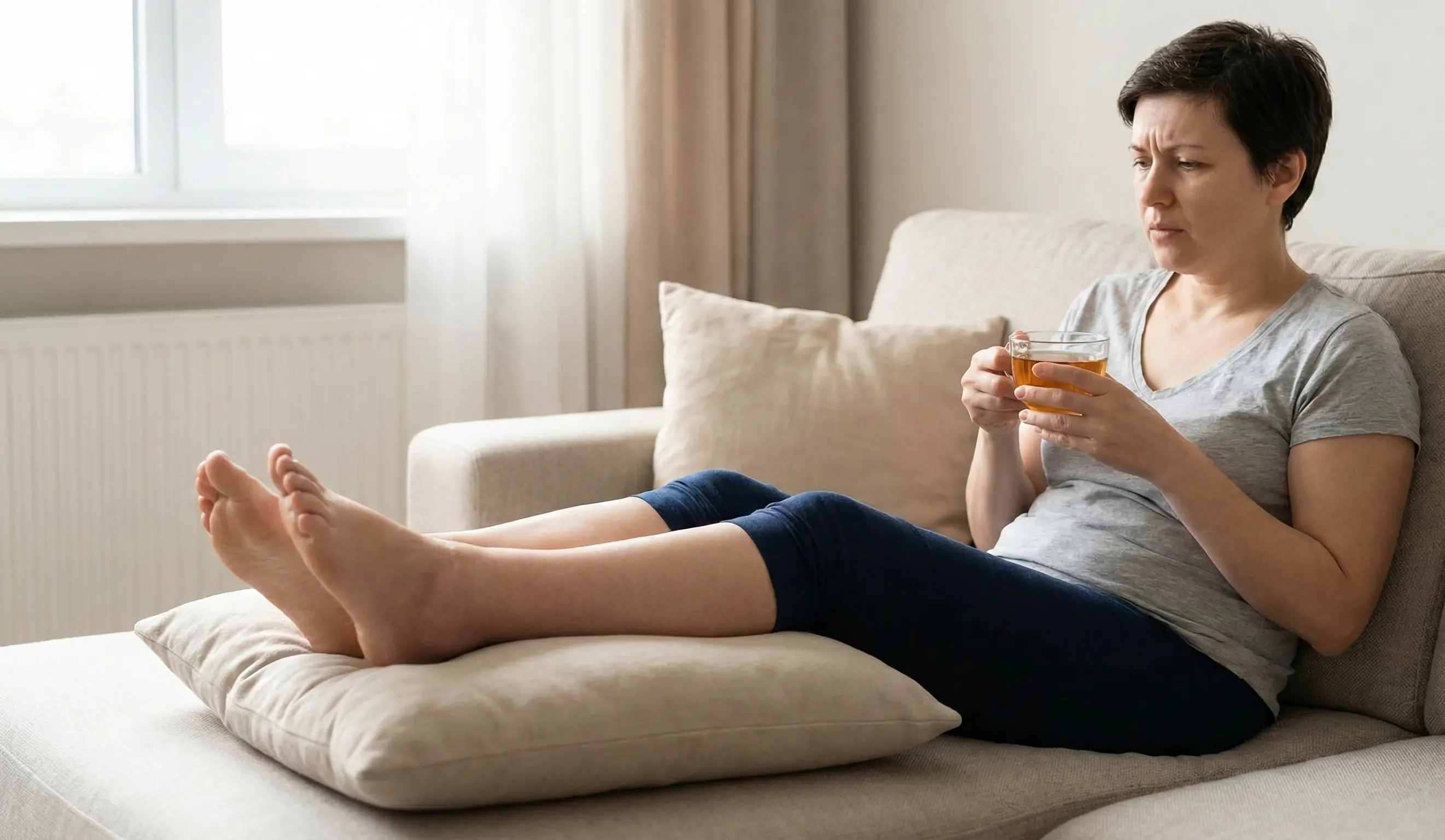 person with swollen legs elevated on couch feeling discomfort