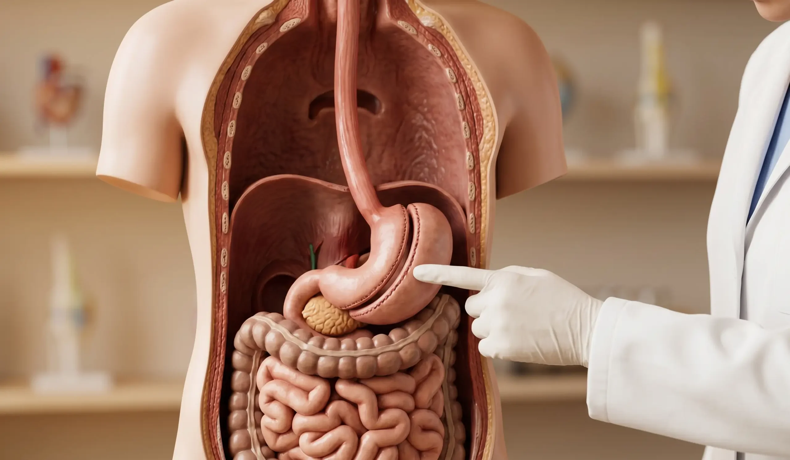 anatomical model doctor pointing reduced stomach pouch