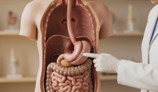 anatomical model doctor pointing reduced stomach pouch