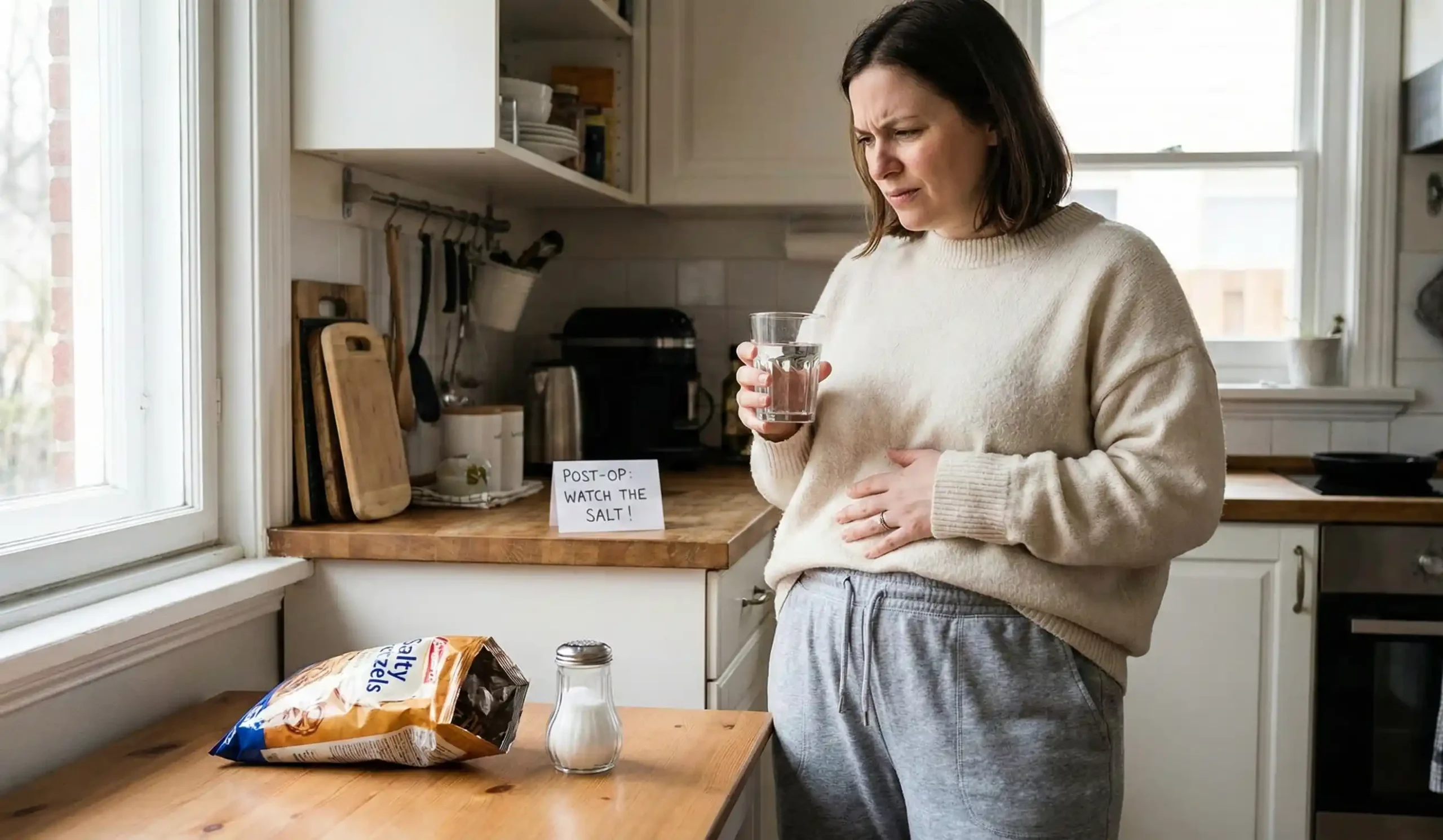 woman kitchen sodium awareness post op