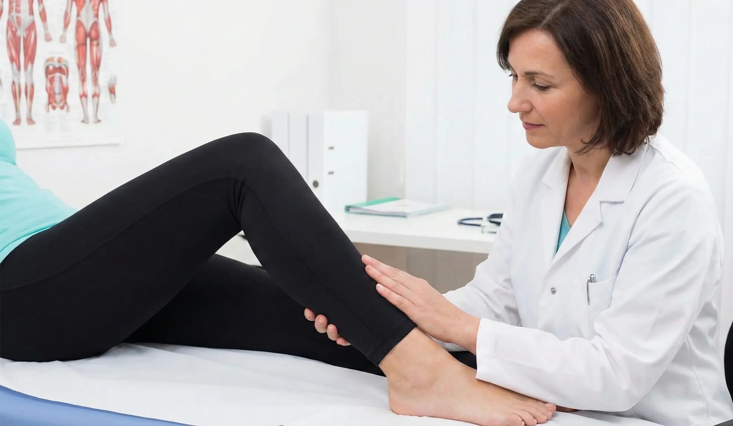 doctor examining patient legs after liposuction clinical follow up