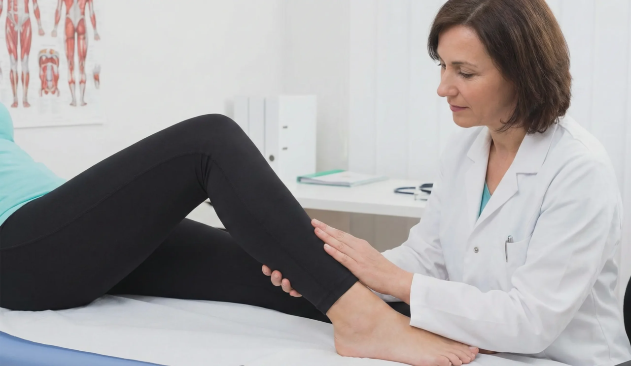 doctor examining patient legs after liposuction clinical follow up