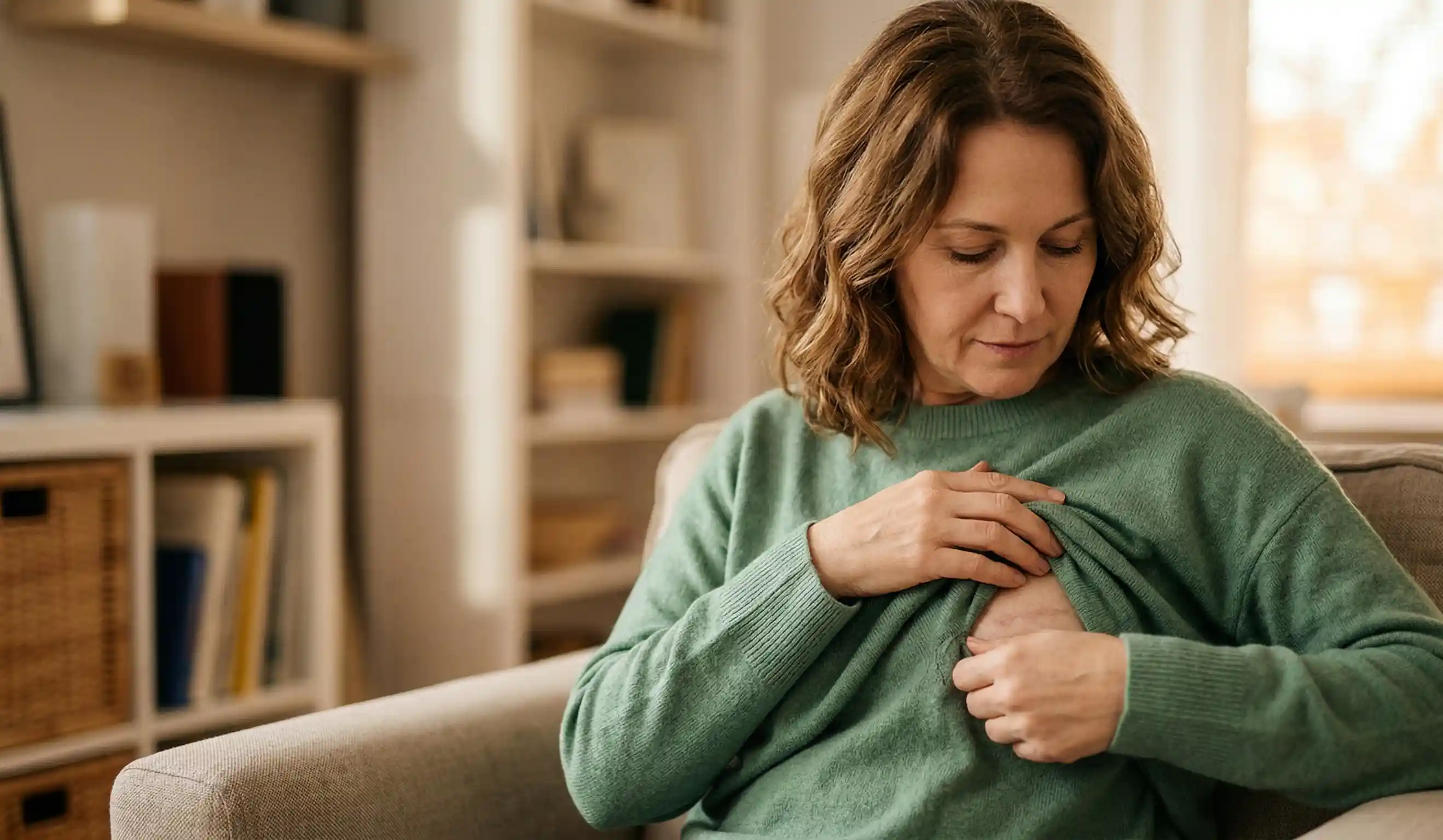 woman looking at breast scar at home