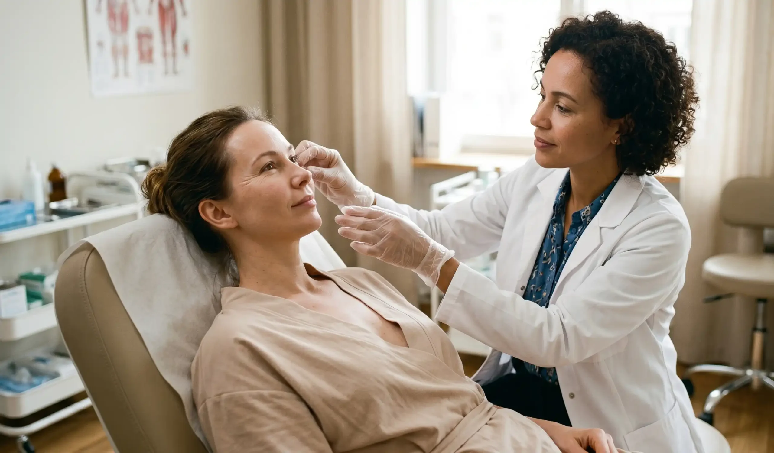 doctor examining crow feet after botox injection