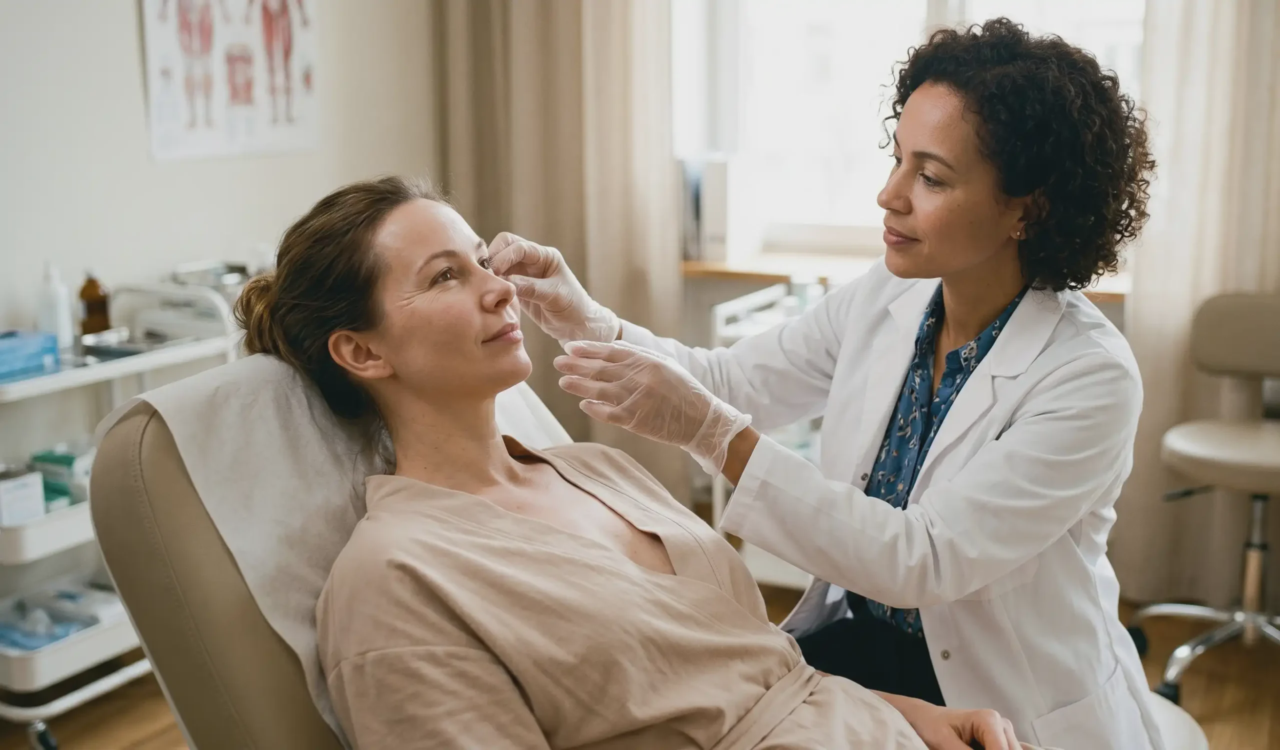 doctor examining crow feet after botox injection