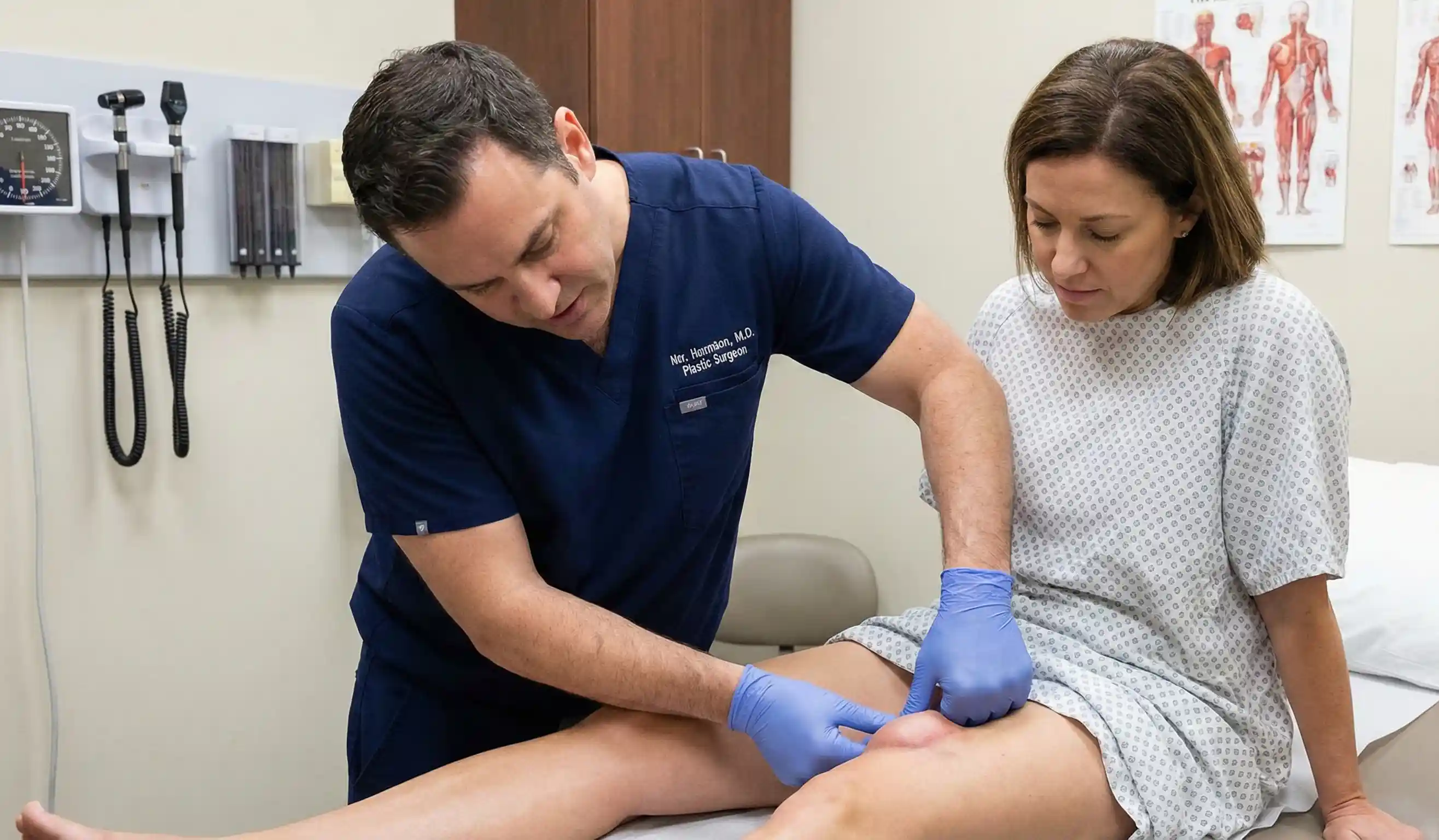 femeie palparează un nodul pe abdomen verificând fibroza