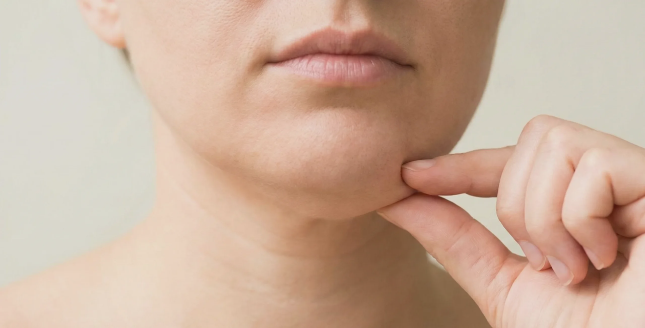 person pinching double chin fat pocket