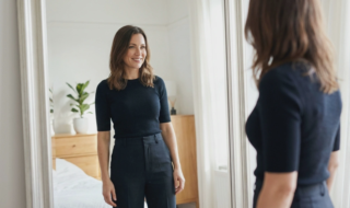 patient admiring long term liposuction results mirror