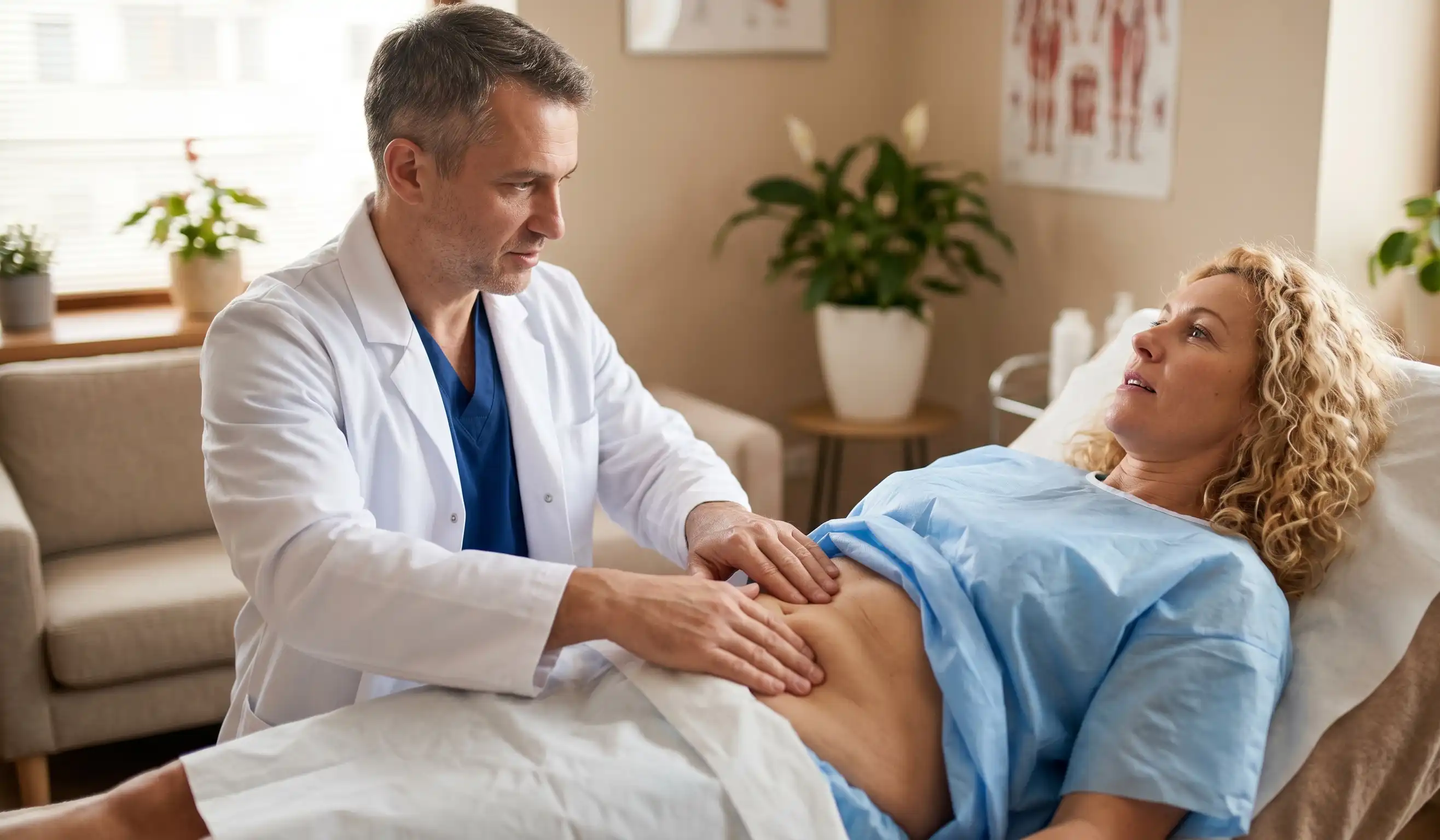 doctor palpating patients abdominal loose skin during exam