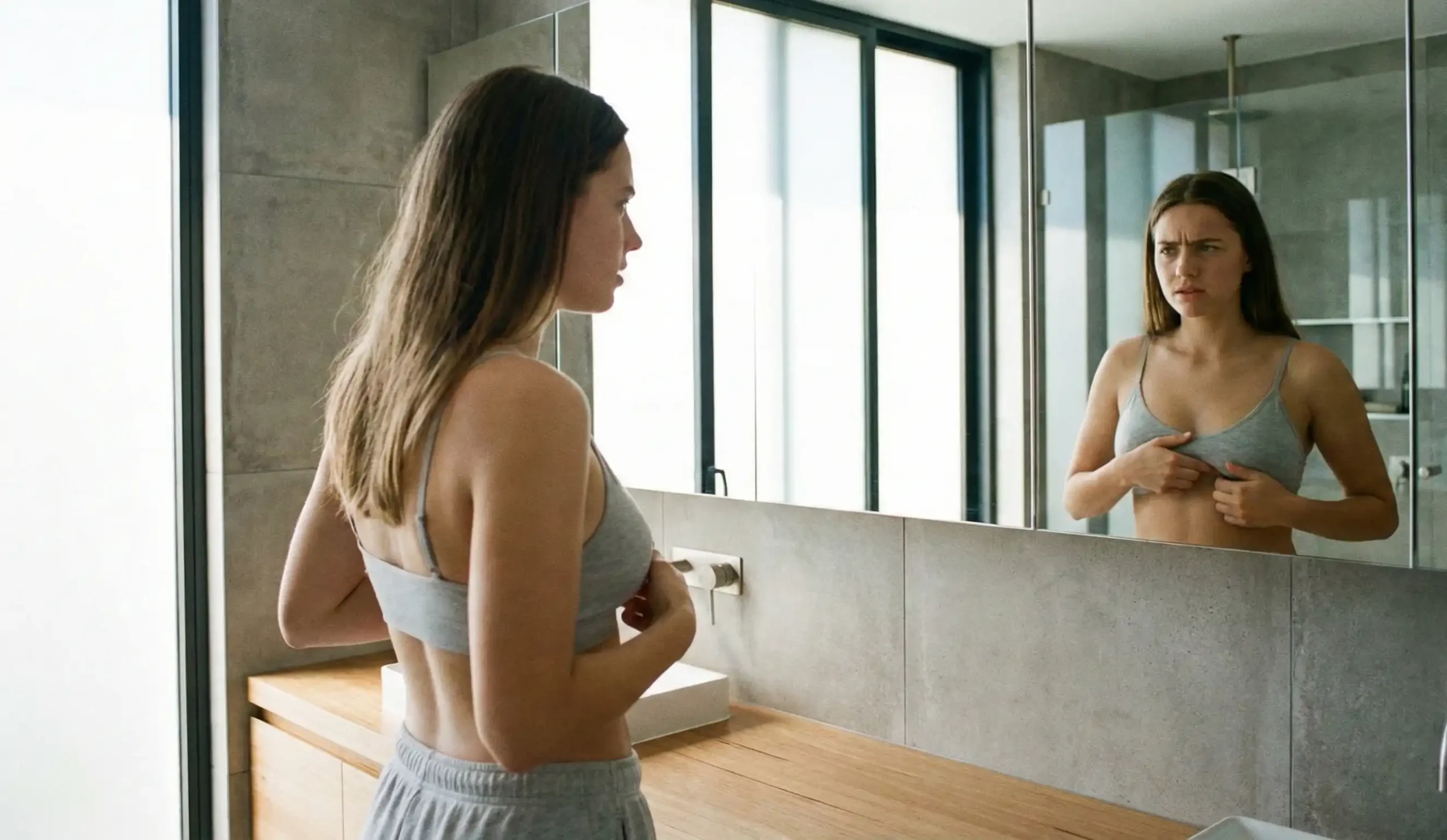 young woman checking breast sagging signs