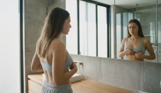 young woman checking breast sagging signs
