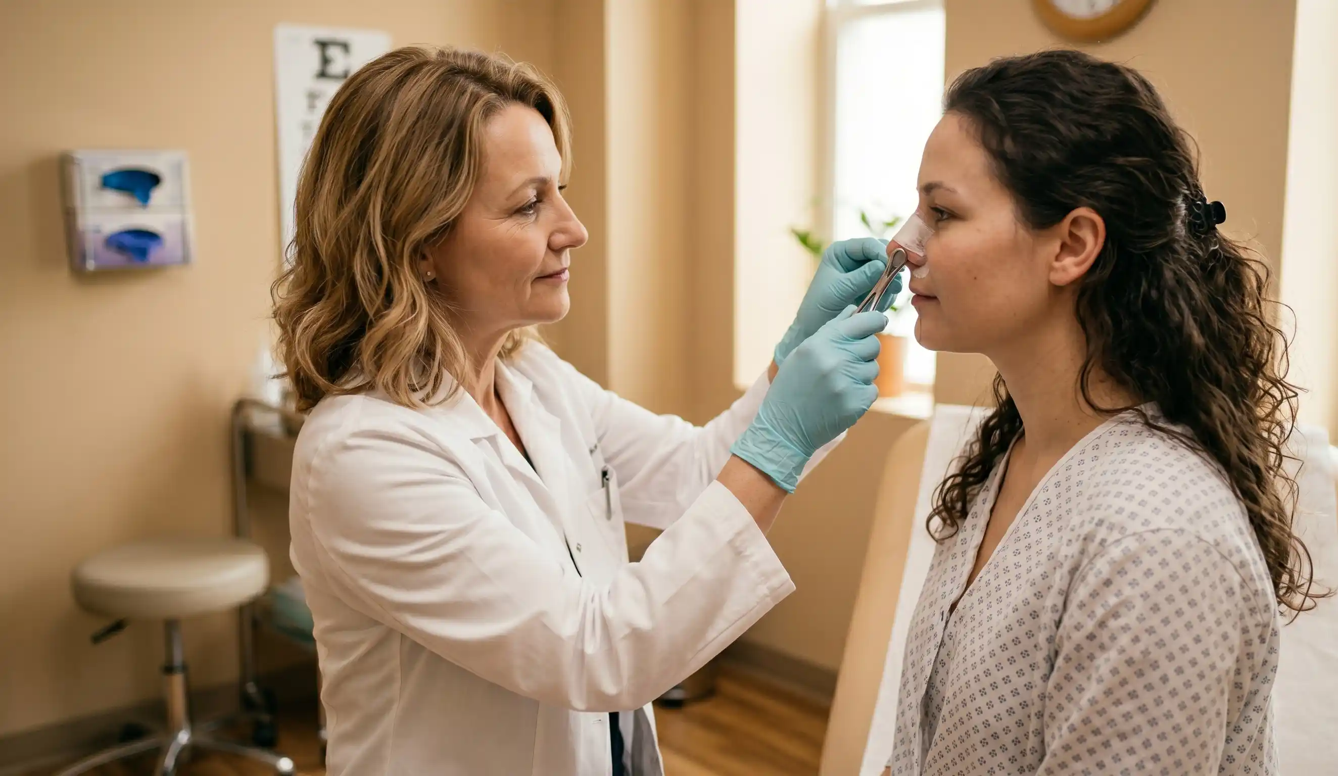 doctor examining post operative rhinoplasty nose in clinic