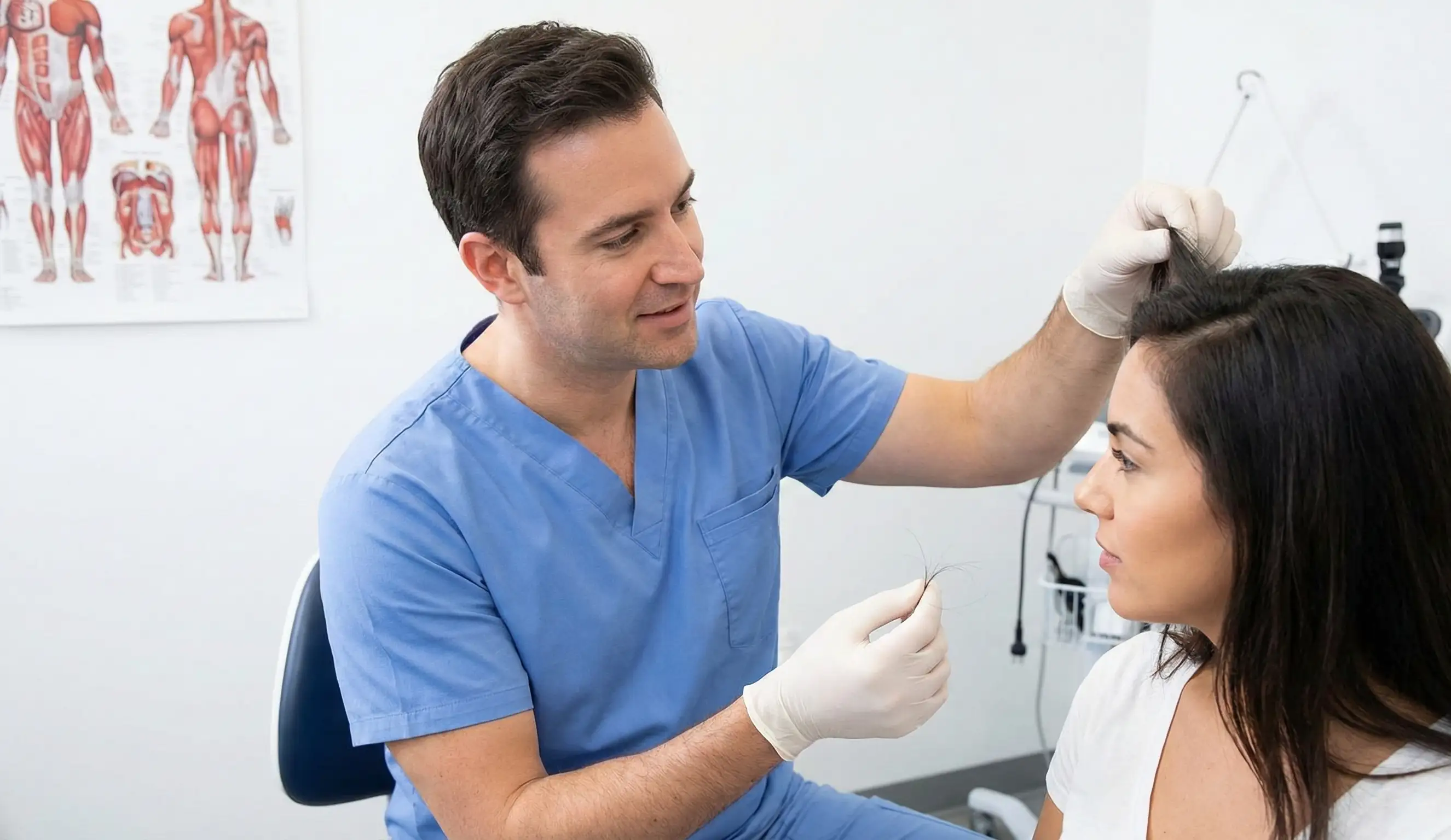 plastic surgeon performing hair pull test exam