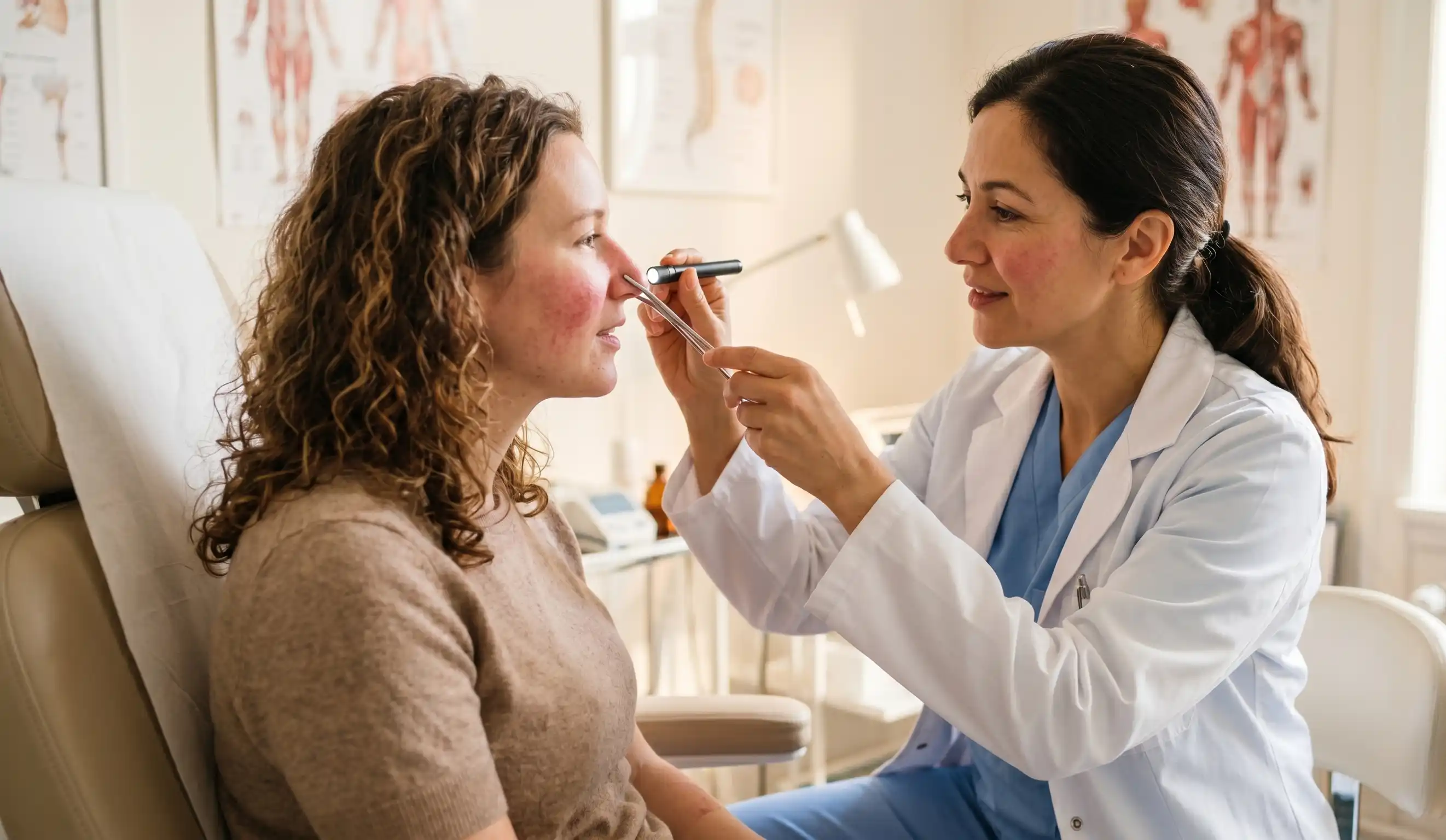 doctor examining nasal structure of rosacea patient