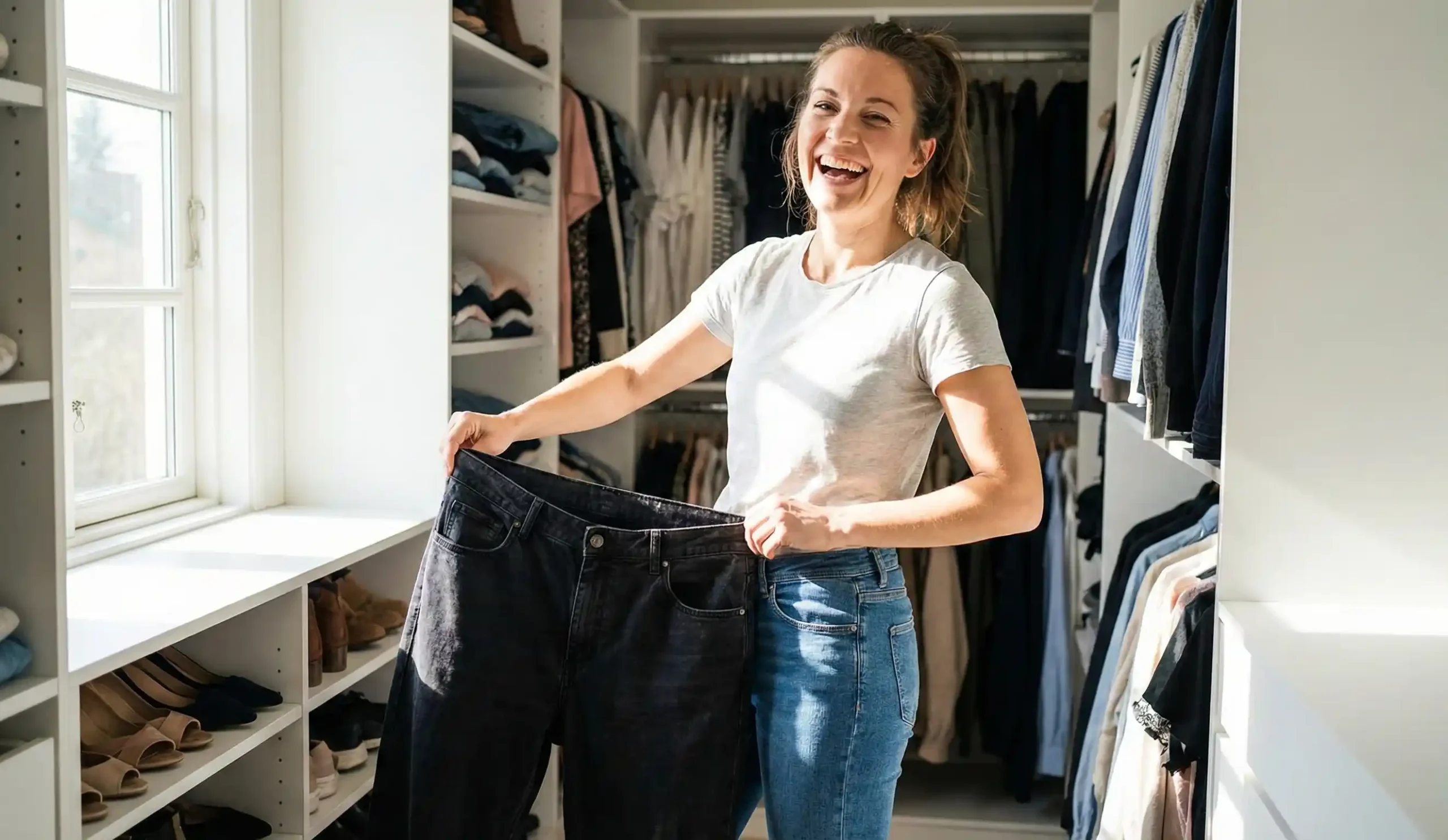 woman closet holding old pants lipo success