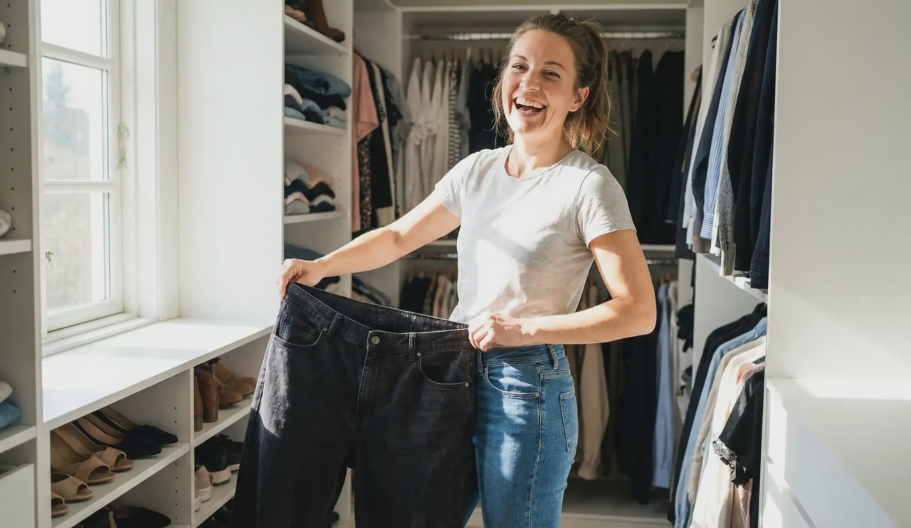 woman closet holding old pants lipo success