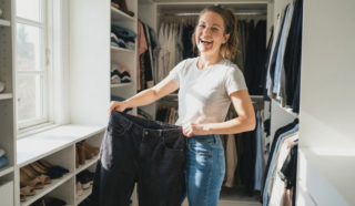 woman closet holding old pants lipo success