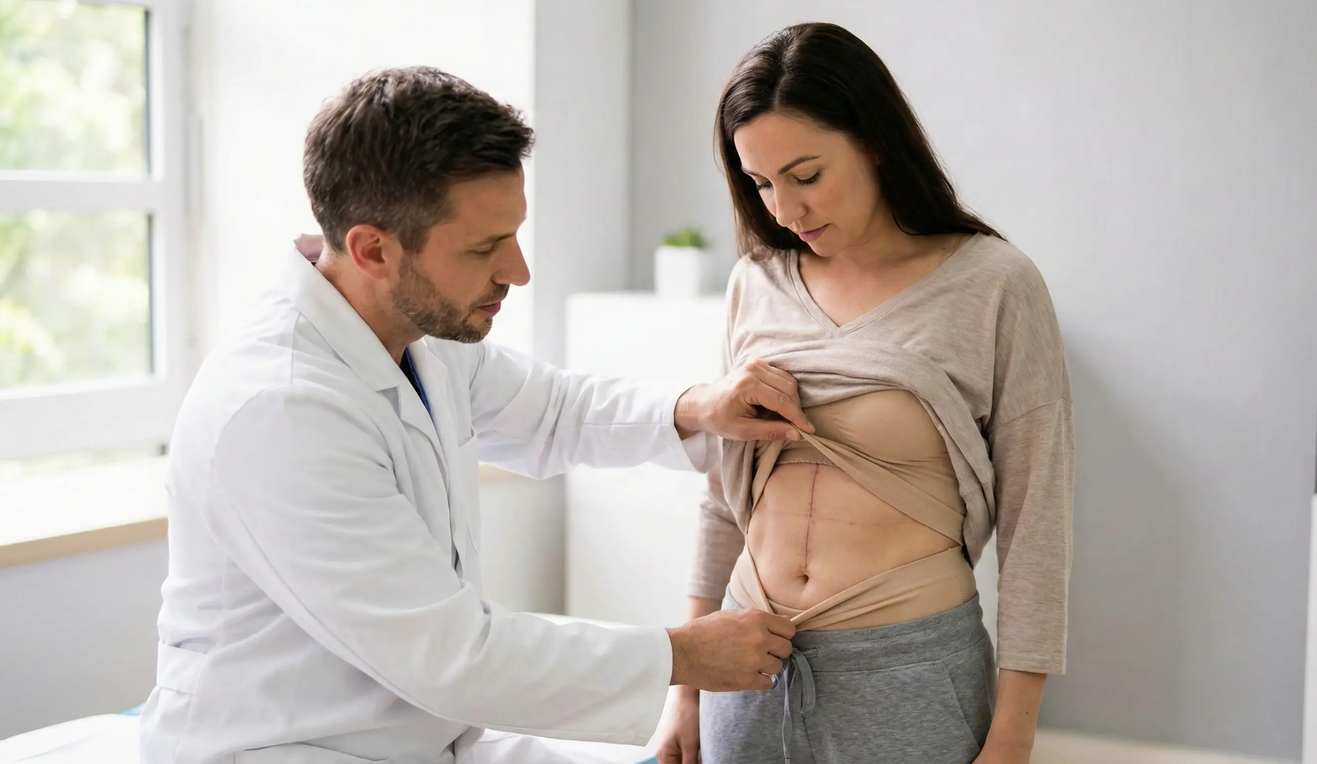 doctor examining tummy tuck incision during follow up
