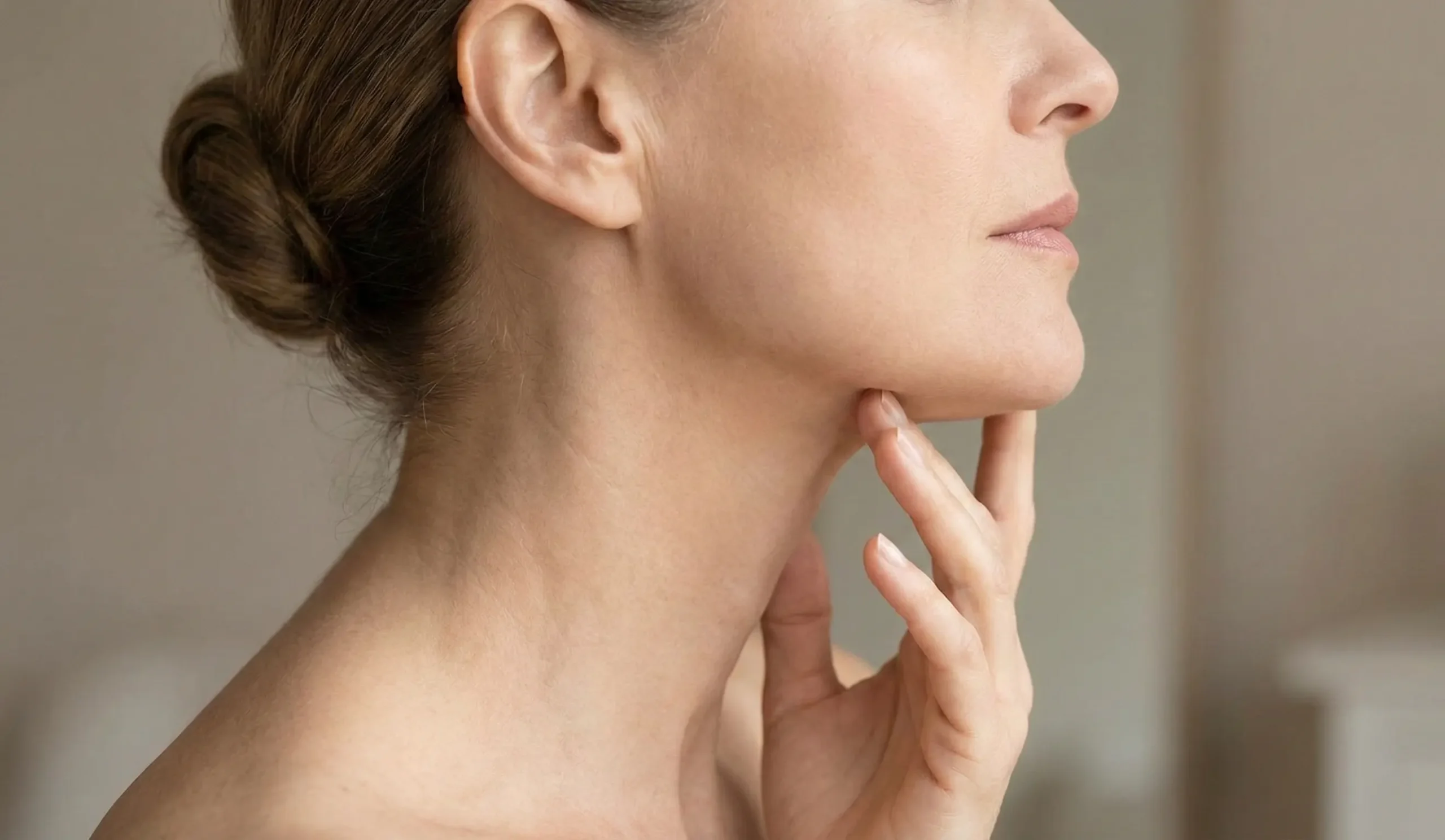 woman touching jawline neck profile