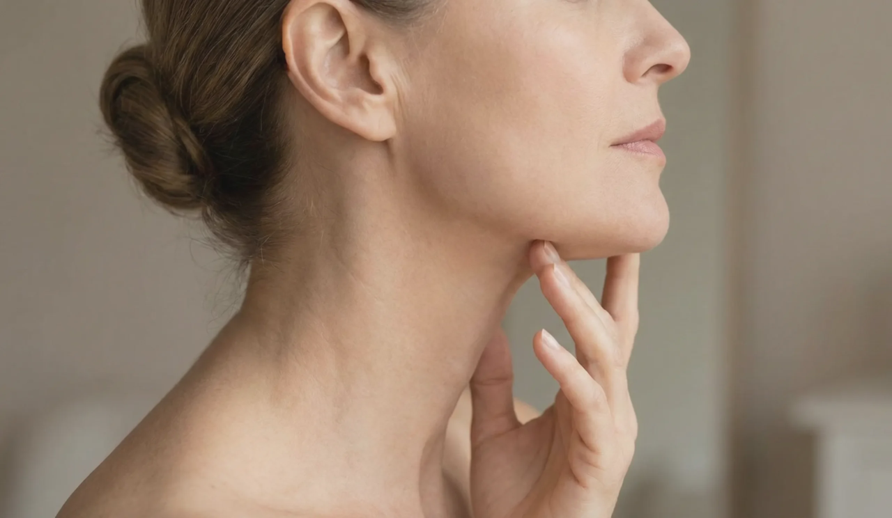 woman touching jawline neck profile