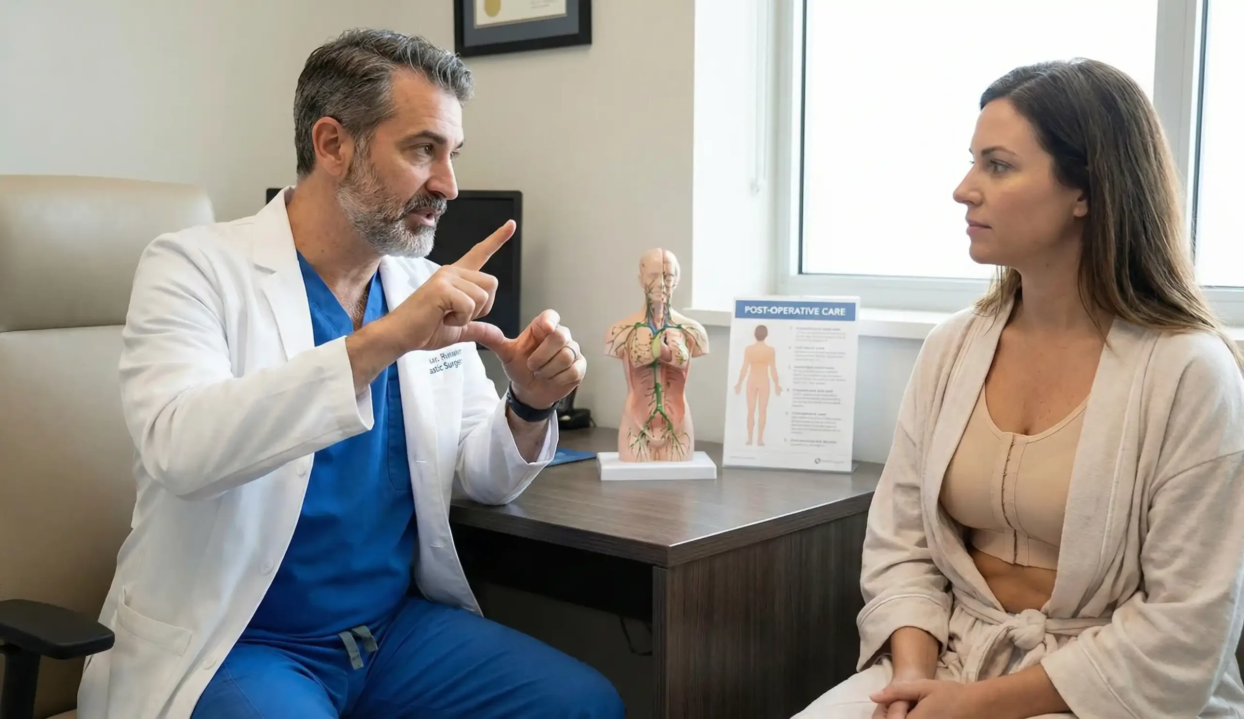 surgeon explaining gravity drainage post op