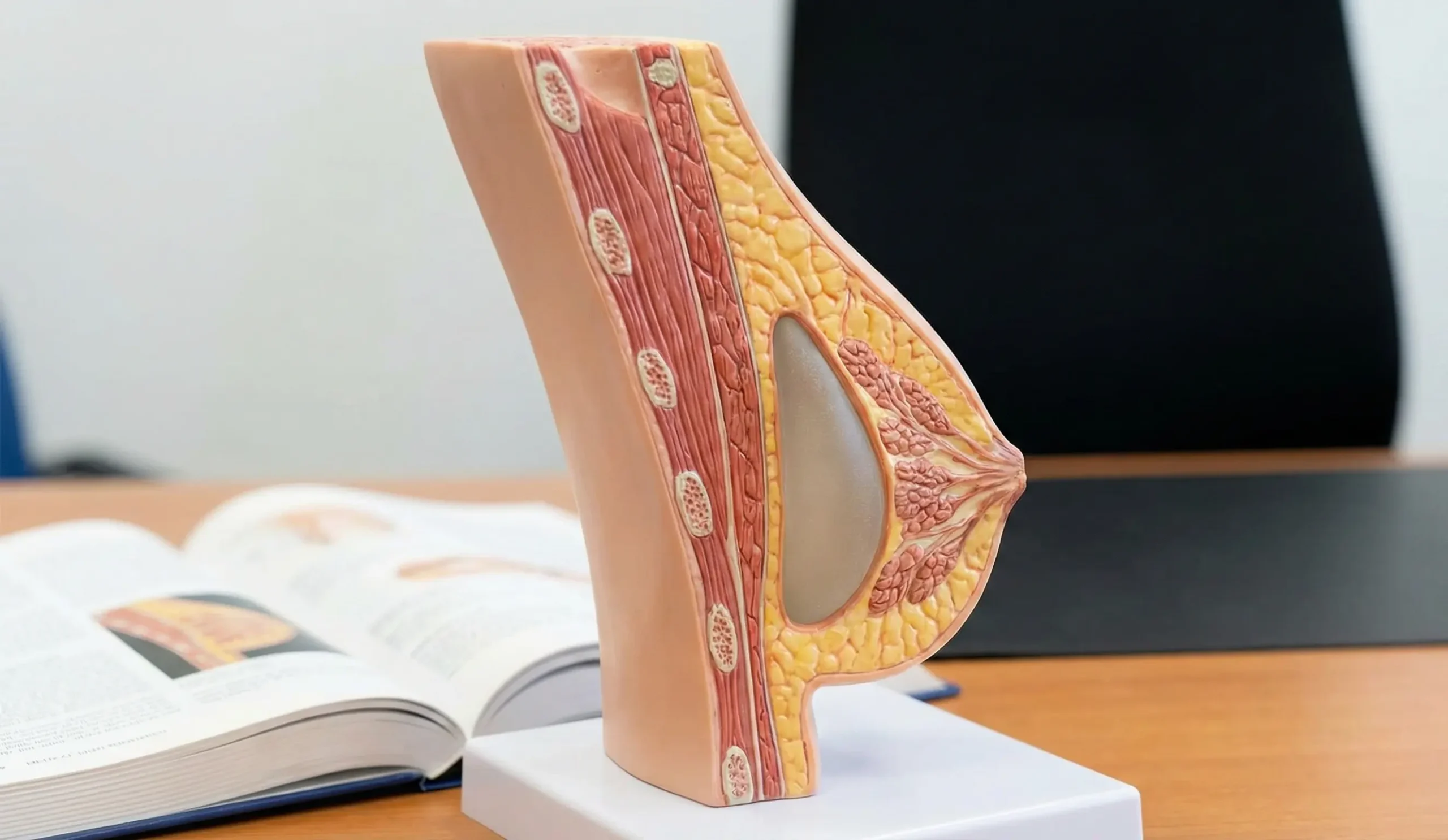 anatomical breast model cross section with teardrop implant placed submuscularly