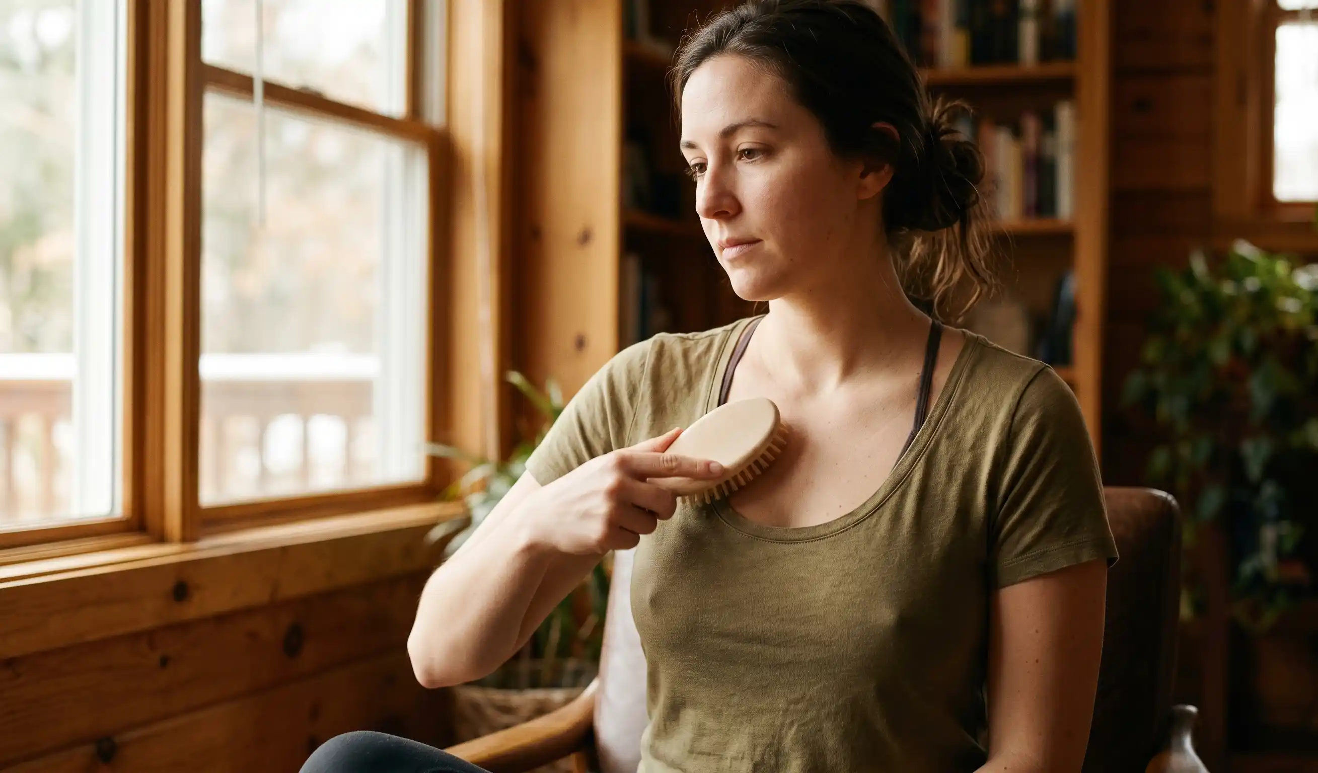 woman gently brushing around breast implant area in natural setting