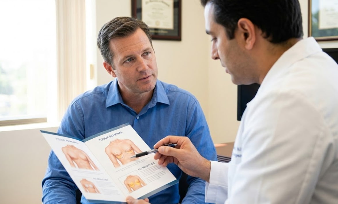 surgeon explaining gynecomastia removal process