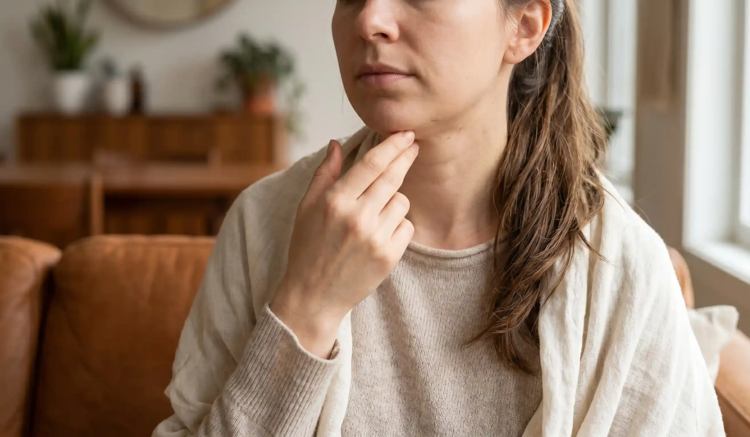 woman feeling hard lump under chin