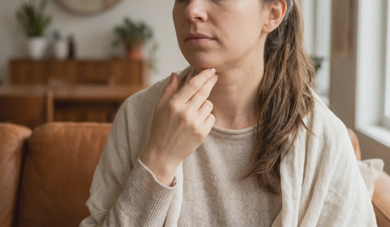 woman feeling hard lump under chin